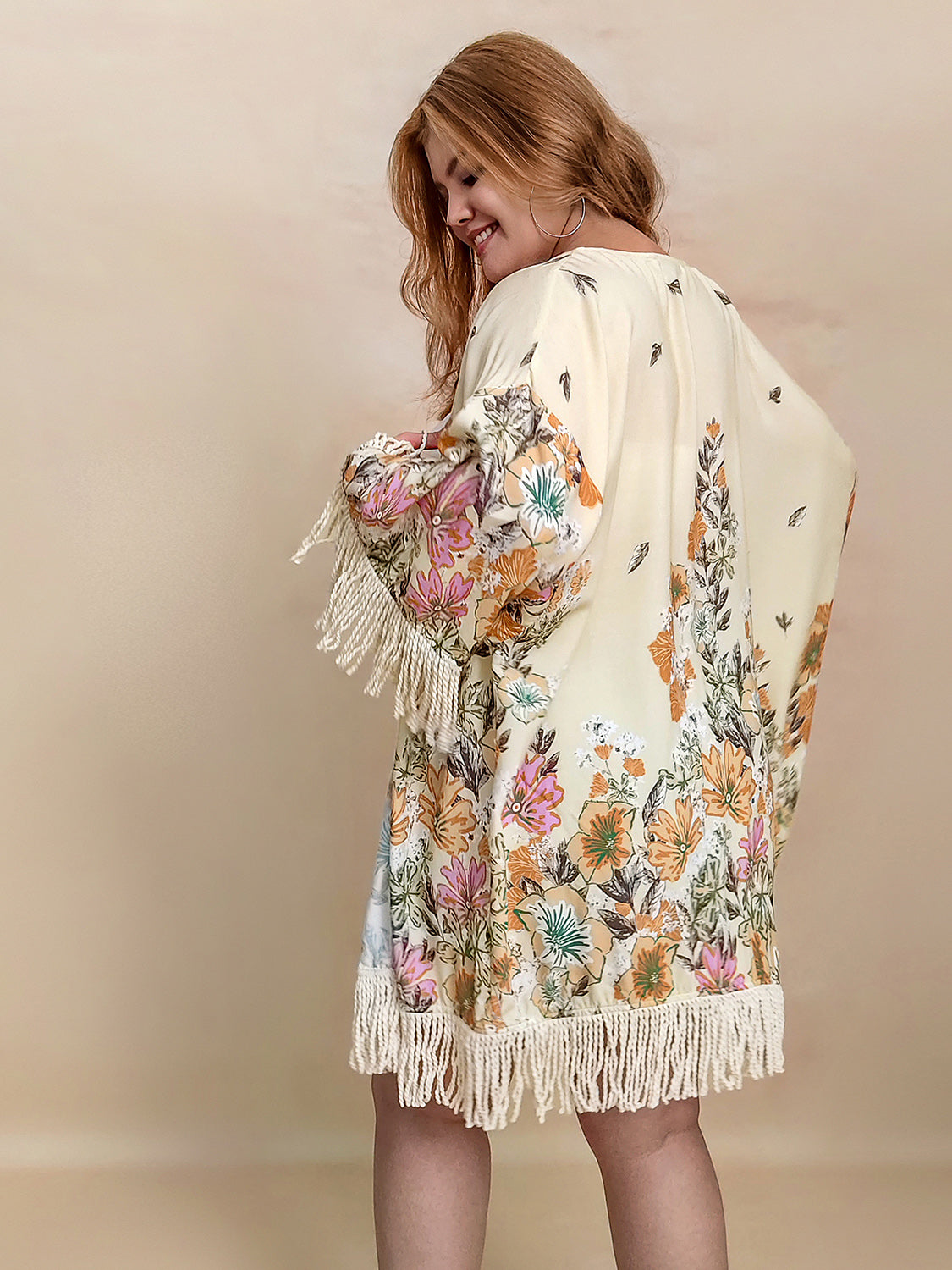 Plus Size Fringe Printed Open Front Cardigan Trendsi