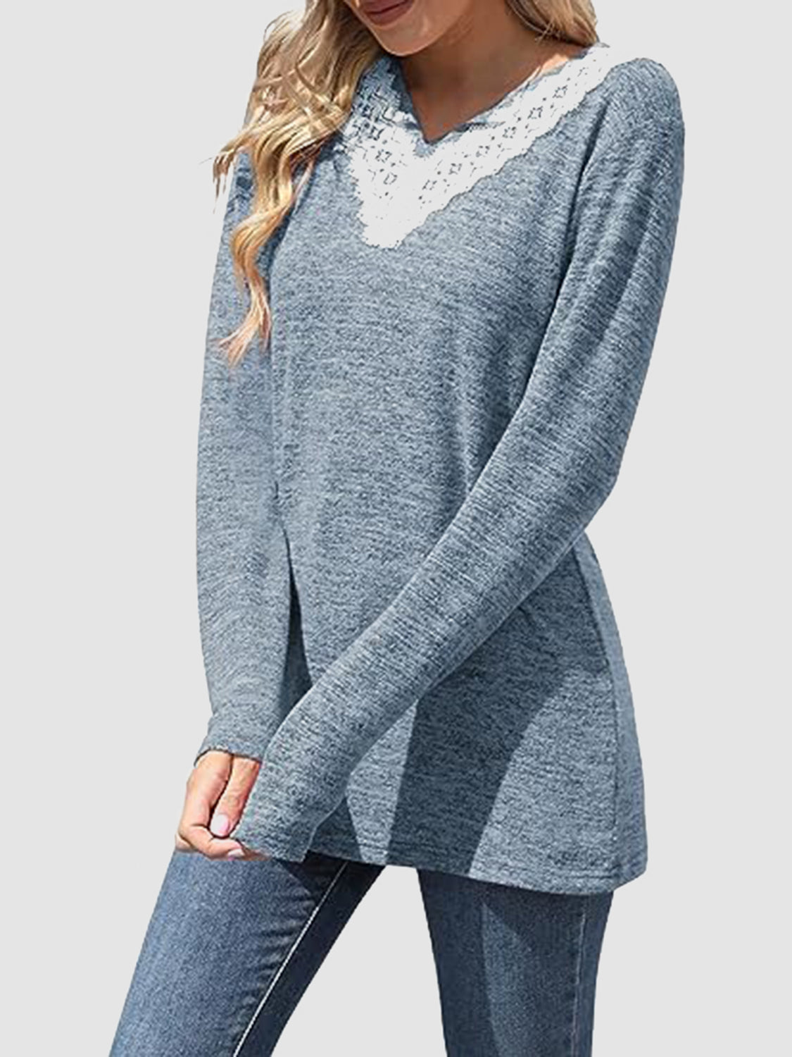 Lace Detail V-Neck Long Sleeve T-Shirt Trendsi