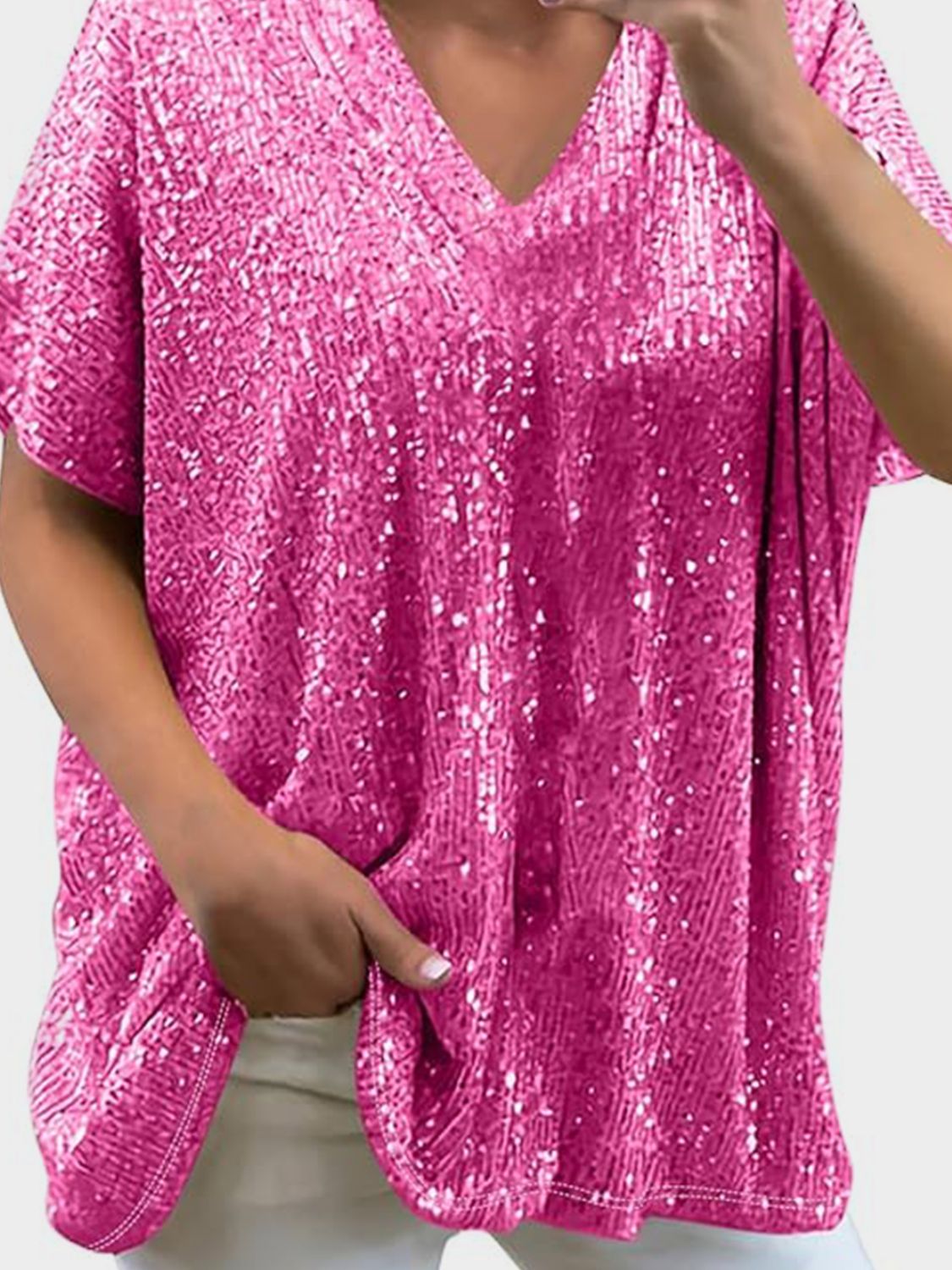 Full Size Sequin V-Neck Short Sleeve Top Trendsi