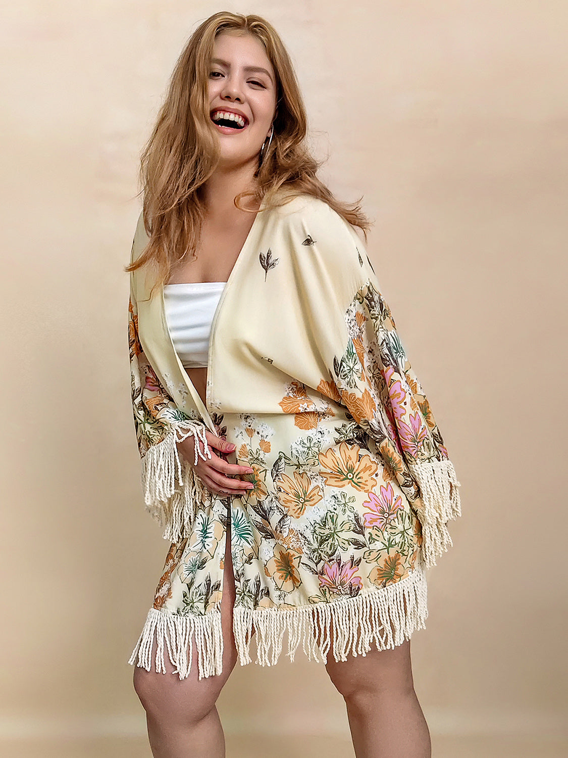 Plus Size Fringe Printed Open Front Cardigan Trendsi