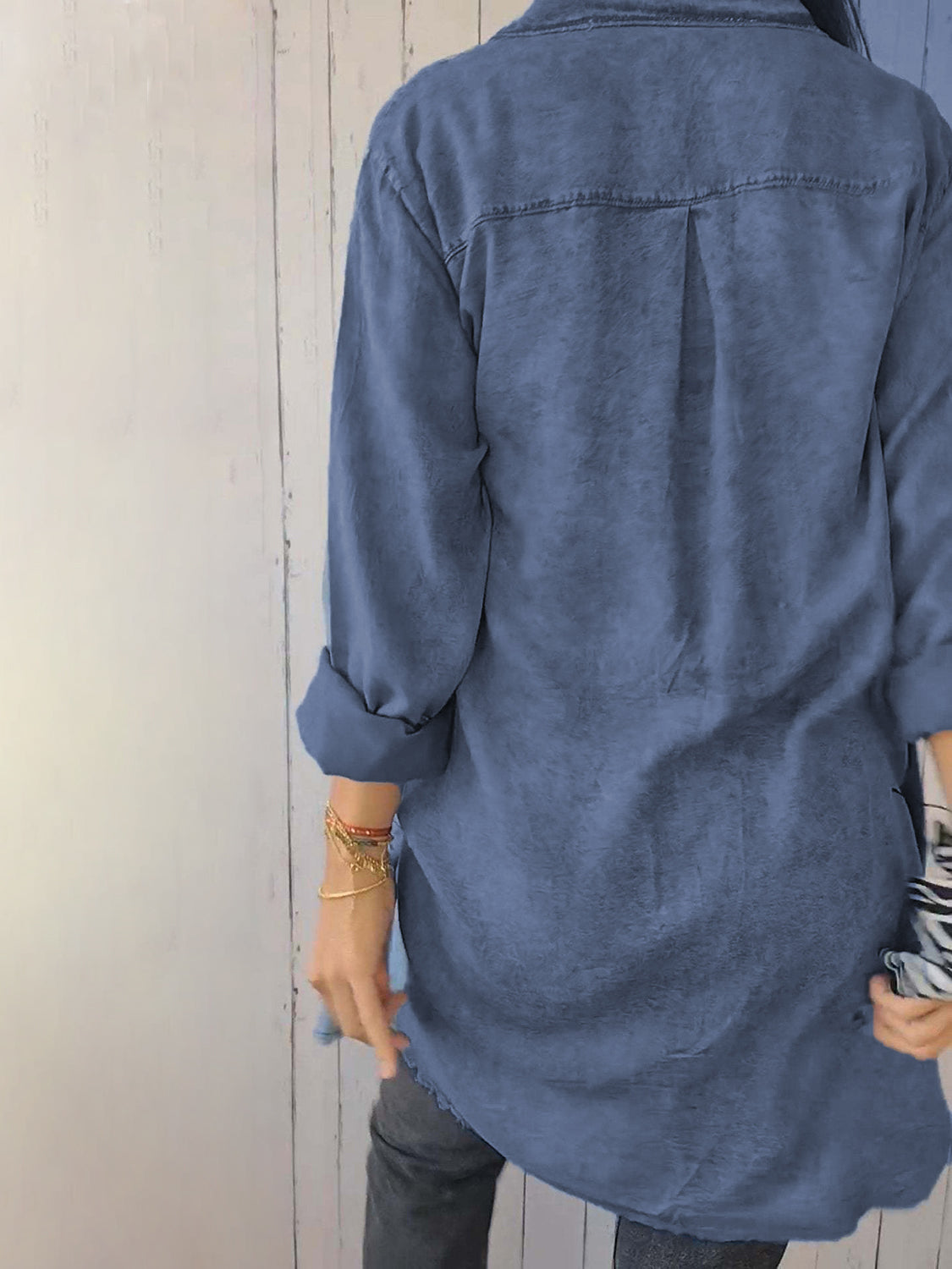 Full Size Raw Hem Button Up Long Sleeve Denim Top Plus Size Trendsi