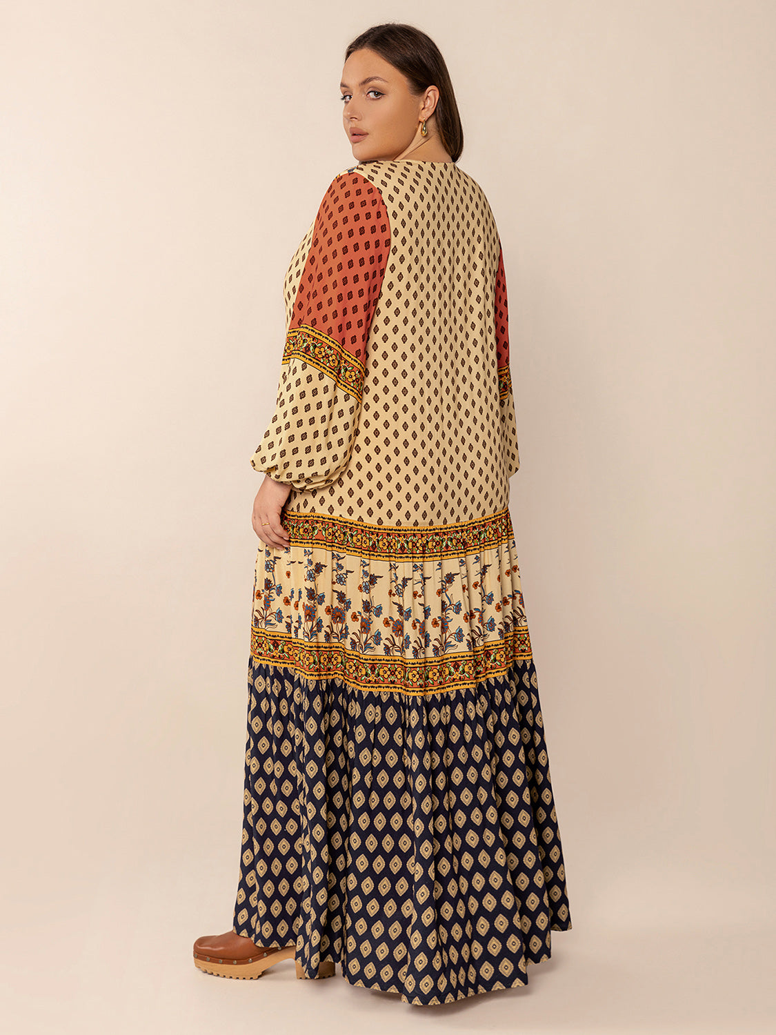 Plus Size Printed V-Neck Long Sleeve Maxi Dress Trendsi
