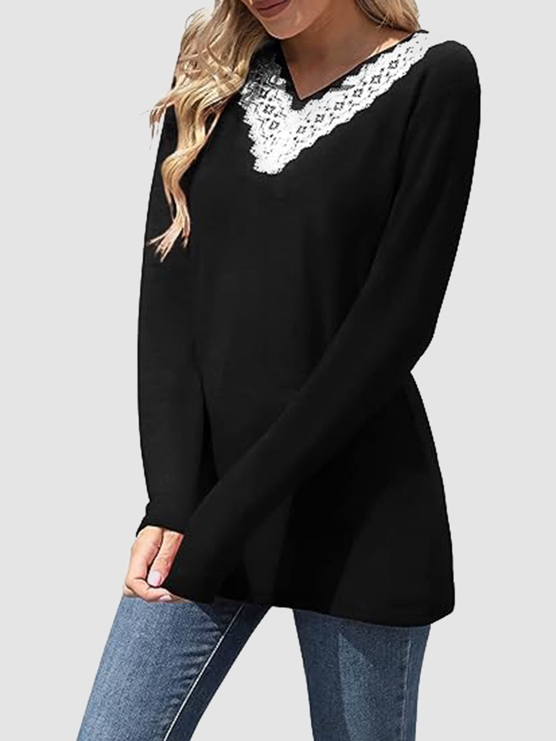 Lace Detail V-Neck Long Sleeve T-Shirt Trendsi