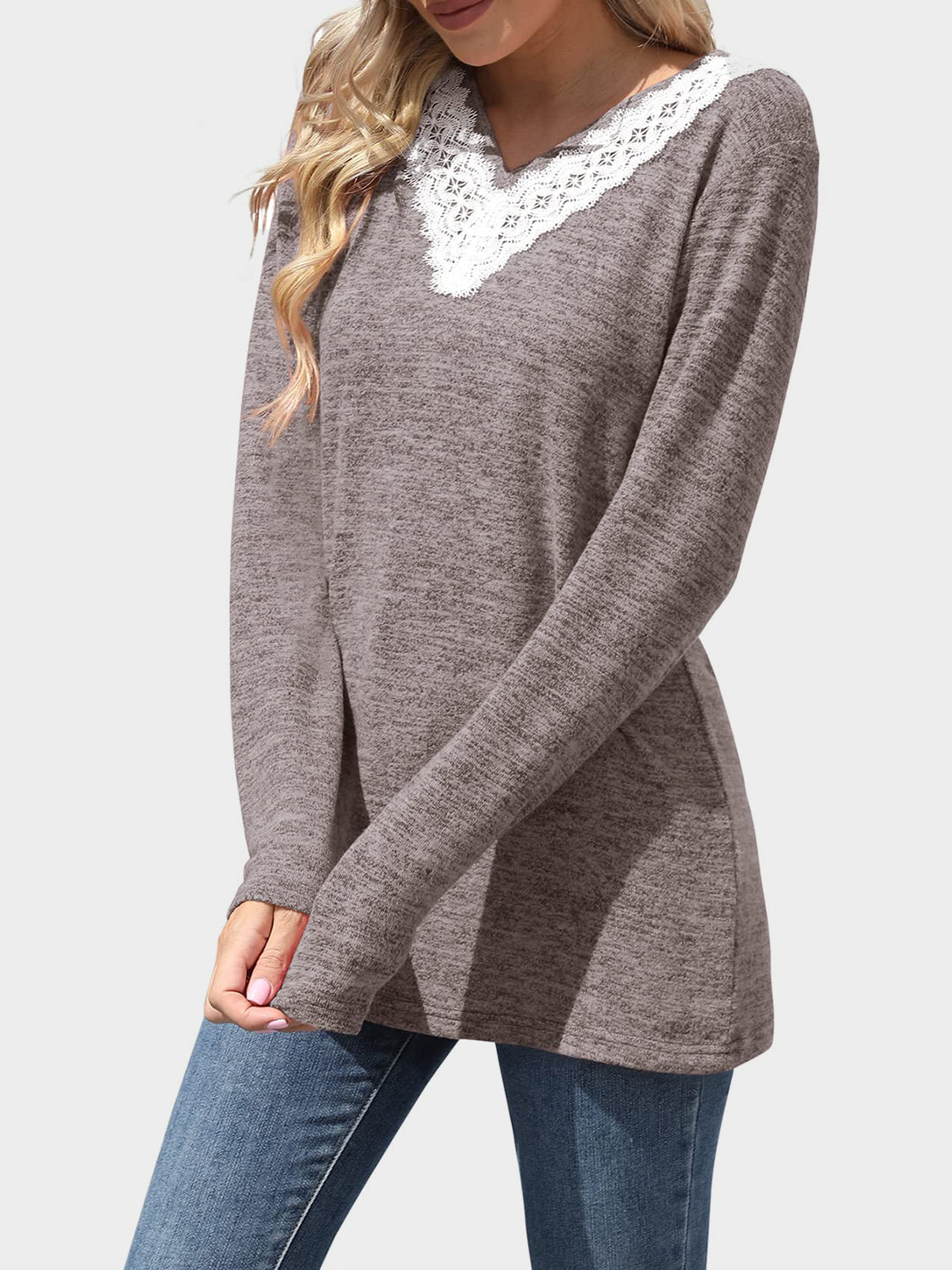 Lace Detail V-Neck Long Sleeve T-Shirt Trendsi