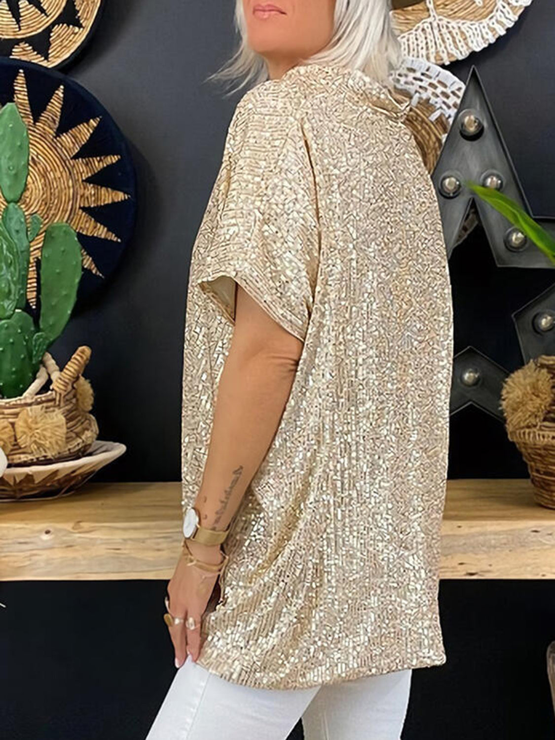 Full Size Sequin V-Neck Short Sleeve Top Trendsi
