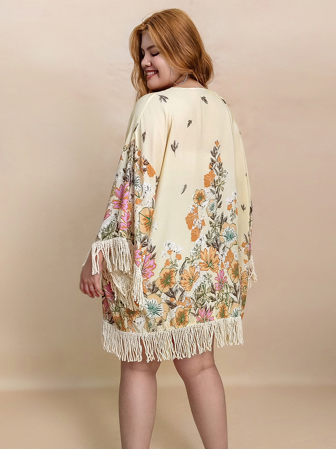 Plus Size Fringe Printed Open Front Cardigan Trendsi