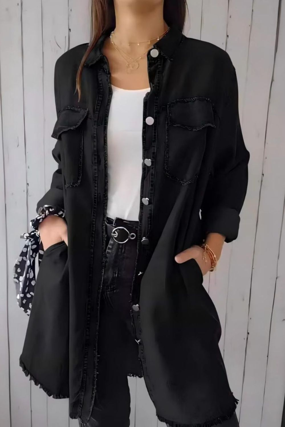 Full Size Raw Hem Button Up Long Sleeve Denim Top Plus Size Trendsi