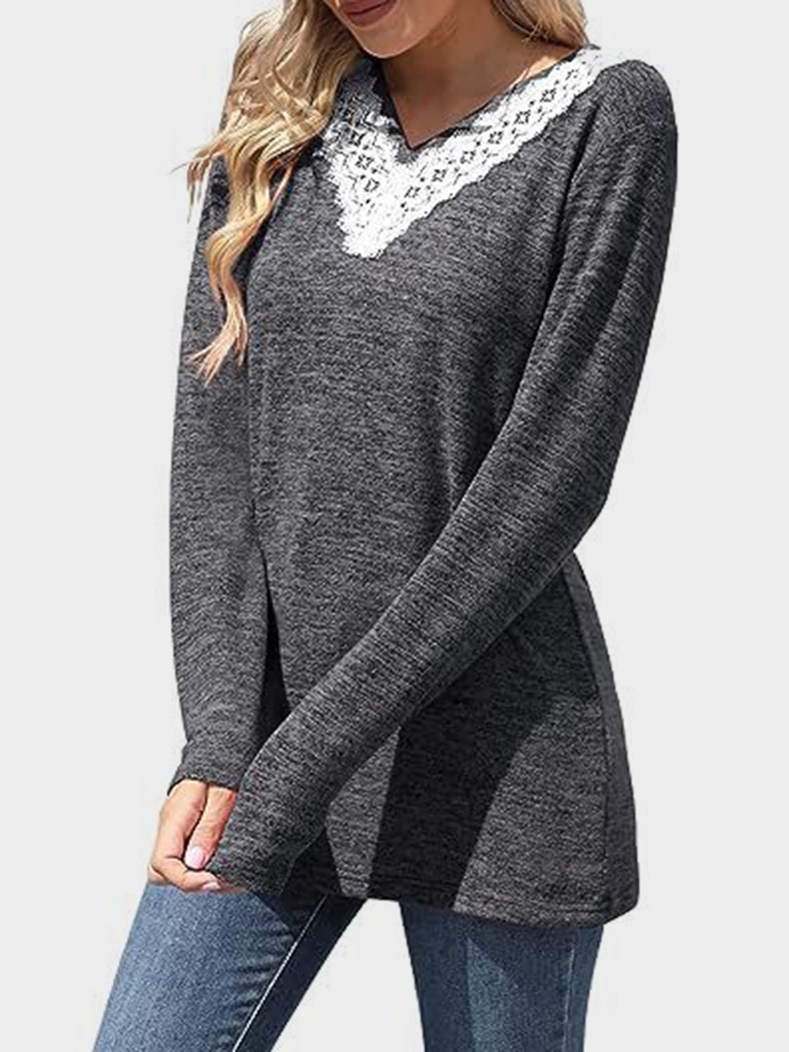 Lace Detail V-Neck Long Sleeve T-Shirt Trendsi