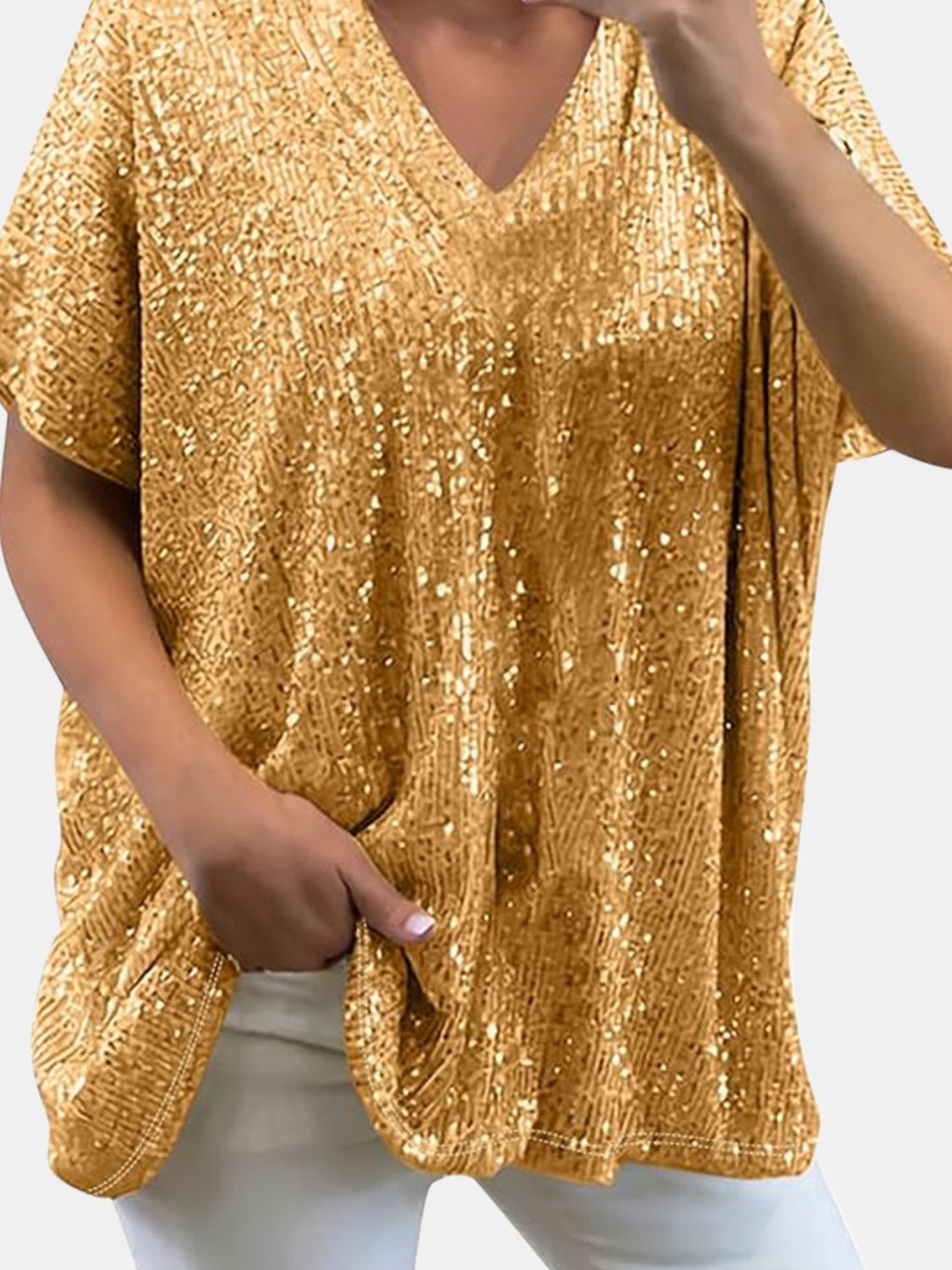 Full Size Sequin V-Neck Short Sleeve Top Trendsi