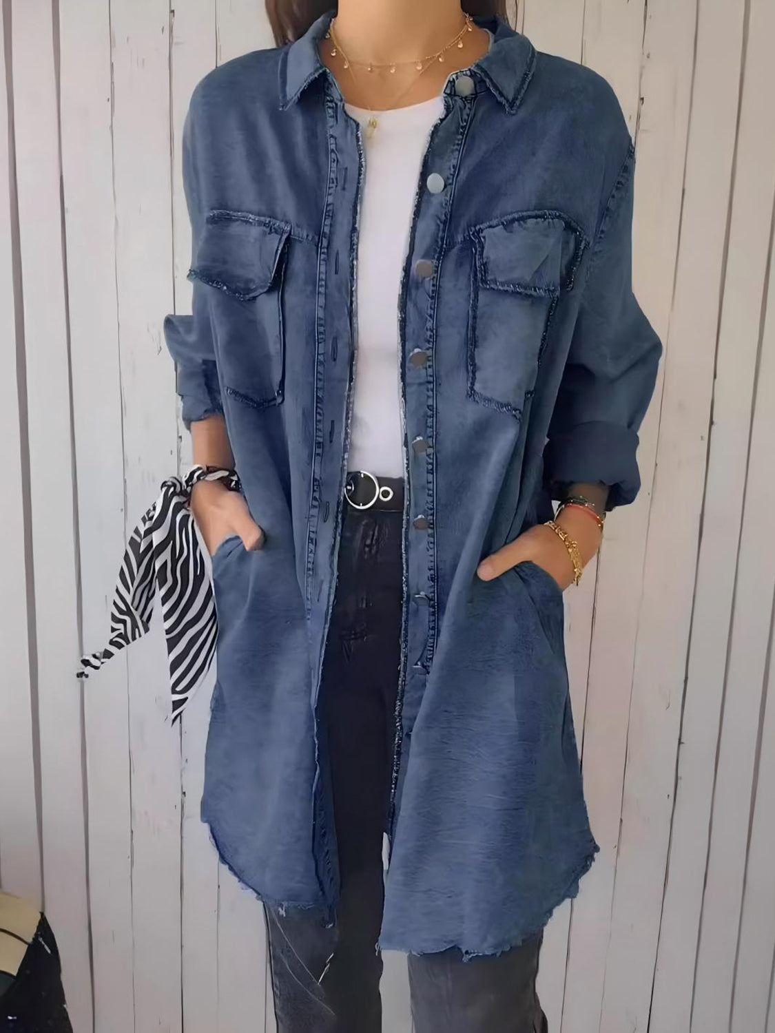 Full Size Raw Hem Button Up Long Sleeve Denim Top Plus Size Trendsi