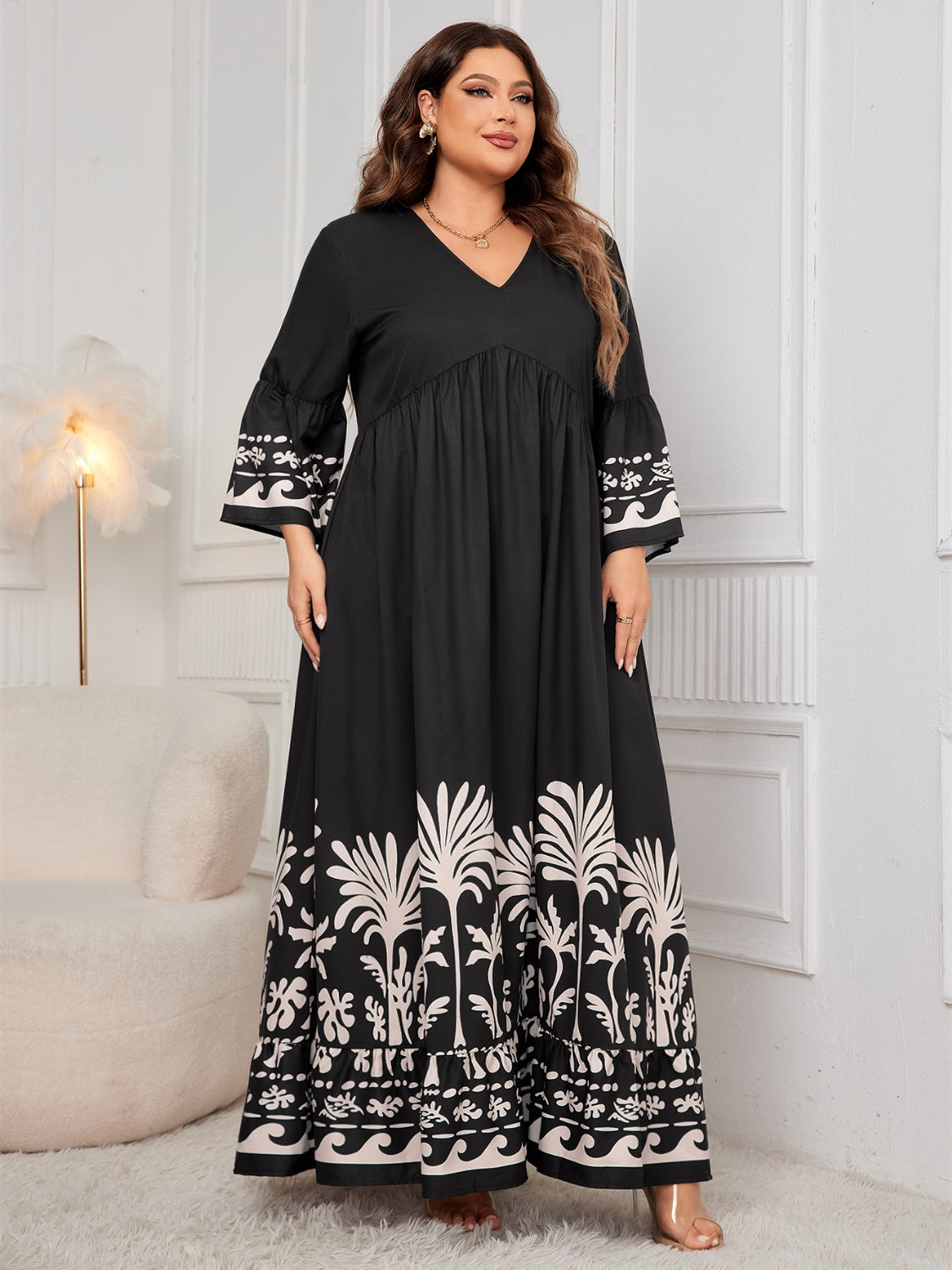 Honey Plus Size Printed V-Neck Long Sleeve Maxi Dress Trendsi