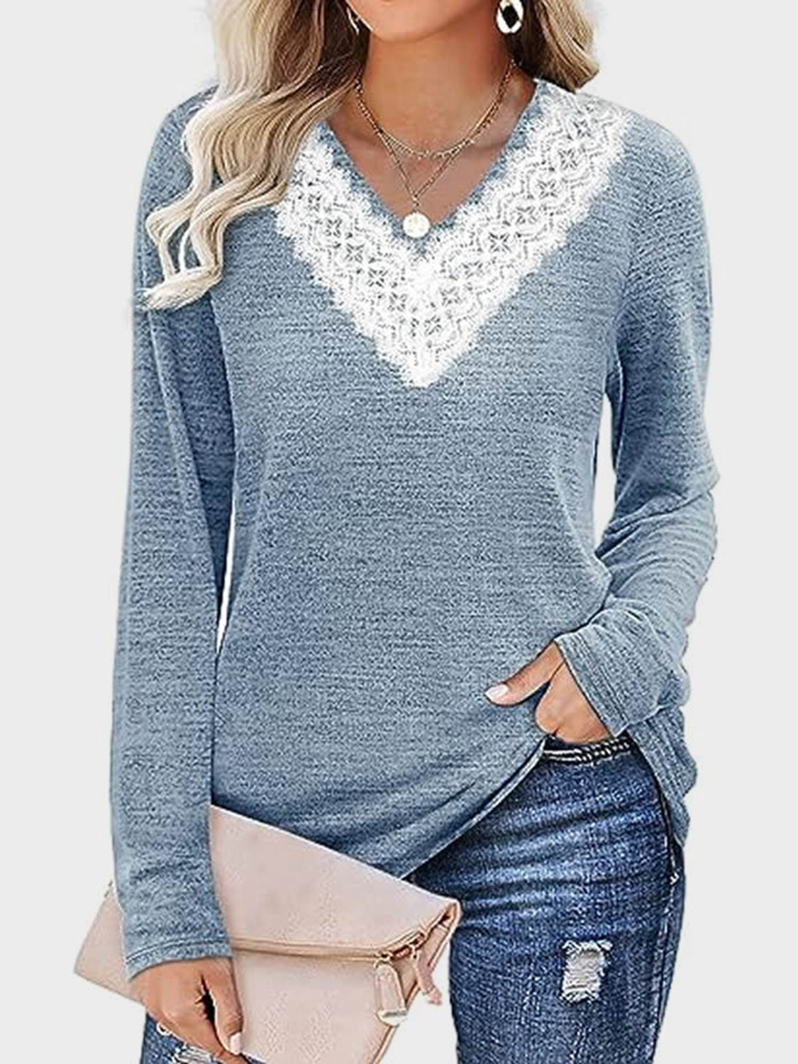 Lace Detail V-Neck Long Sleeve T-Shirt Trendsi