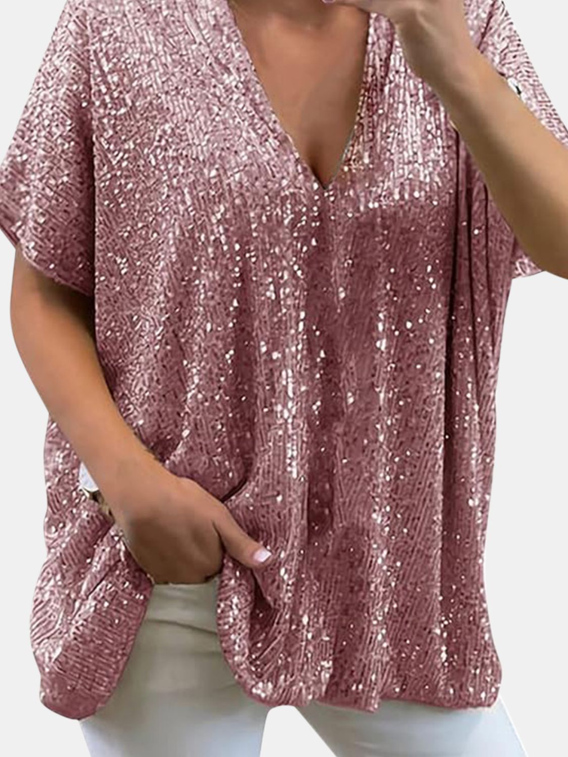 Full Size Sequin V-Neck Short Sleeve Top Trendsi