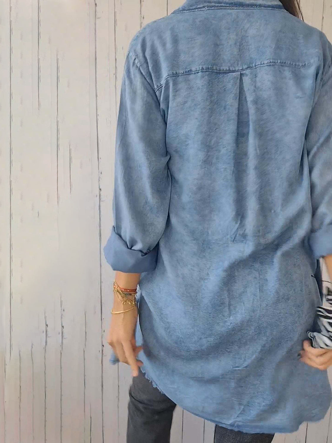 Full Size Raw Hem Button Up Long Sleeve Denim Top Plus Size Trendsi