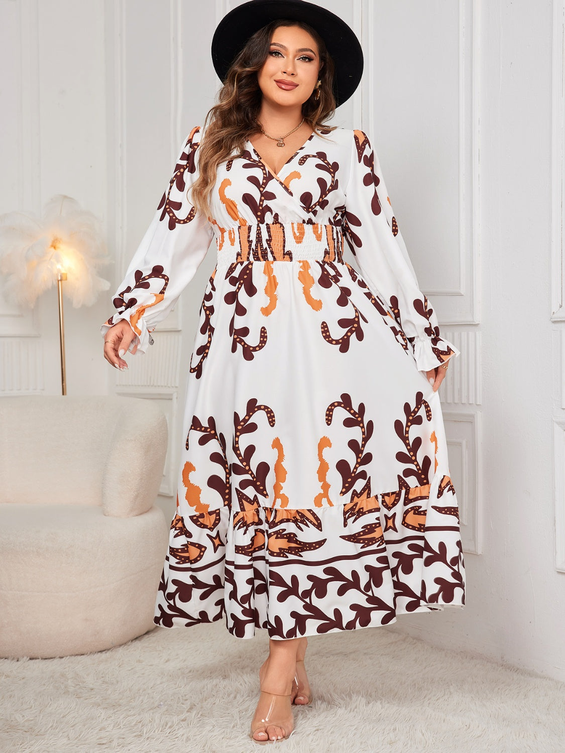 Honey Plus Size Printed Surplice Flounce Sleeve Dress Trendsi