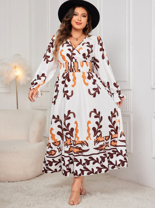 Honey Plus Size Printed Surplice Flounce Sleeve Dress Trendsi