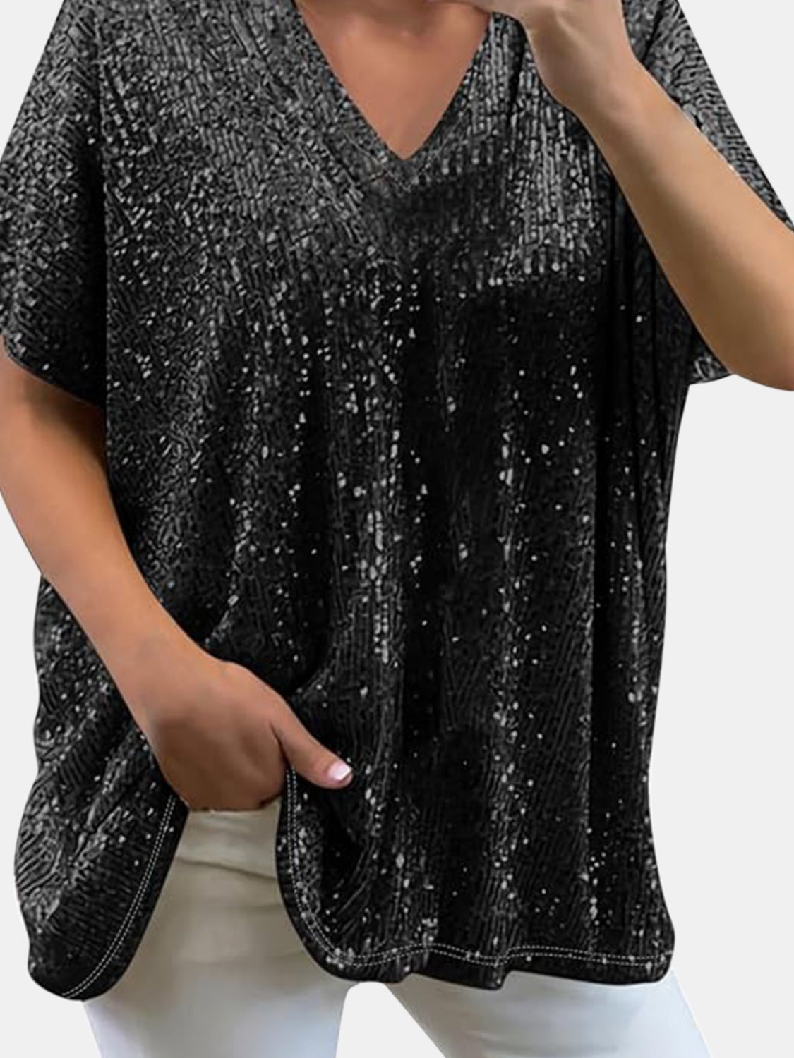 Full Size Sequin V-Neck Short Sleeve Top Trendsi