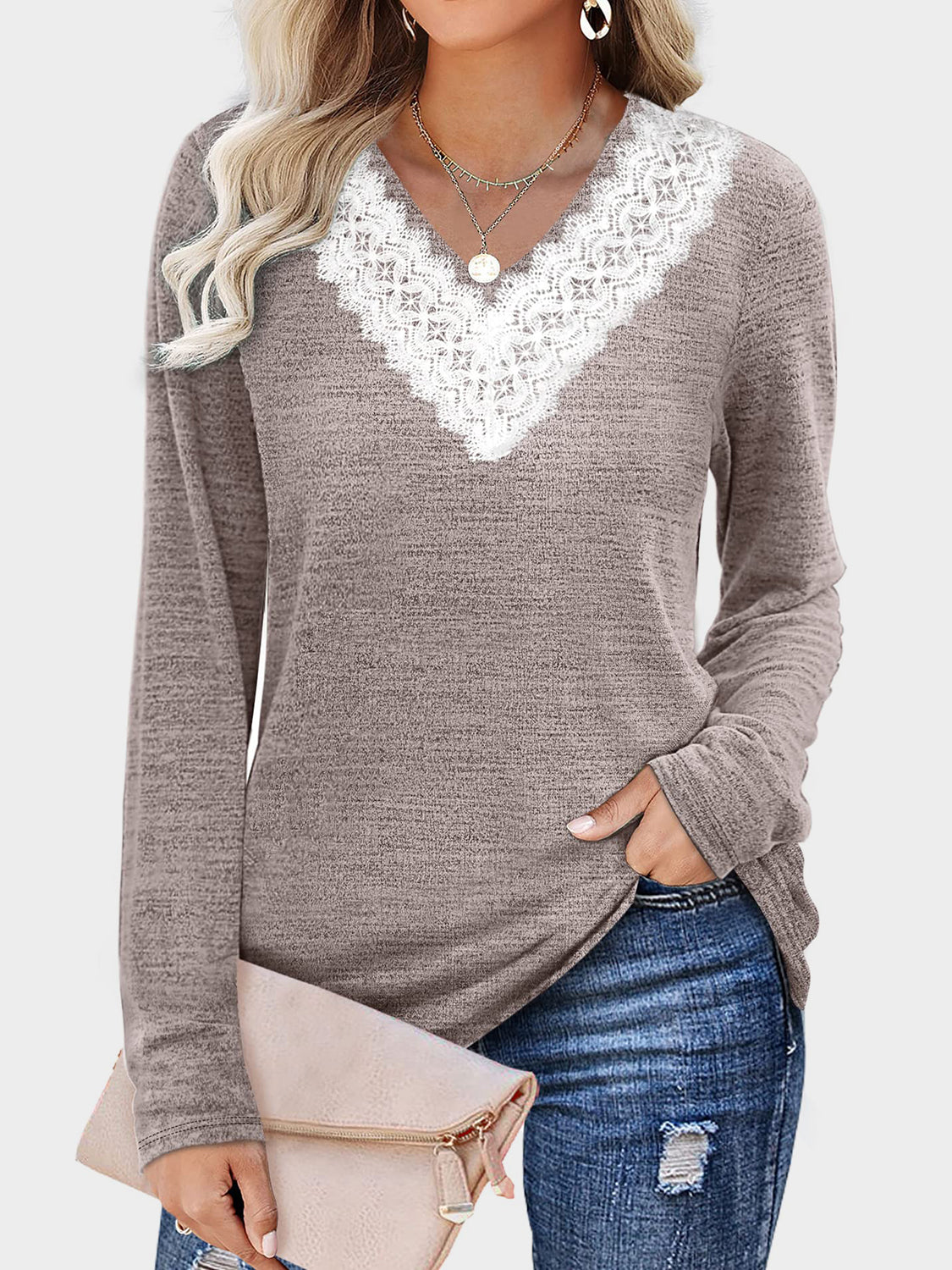 Lace Detail V-Neck Long Sleeve T-Shirt Trendsi