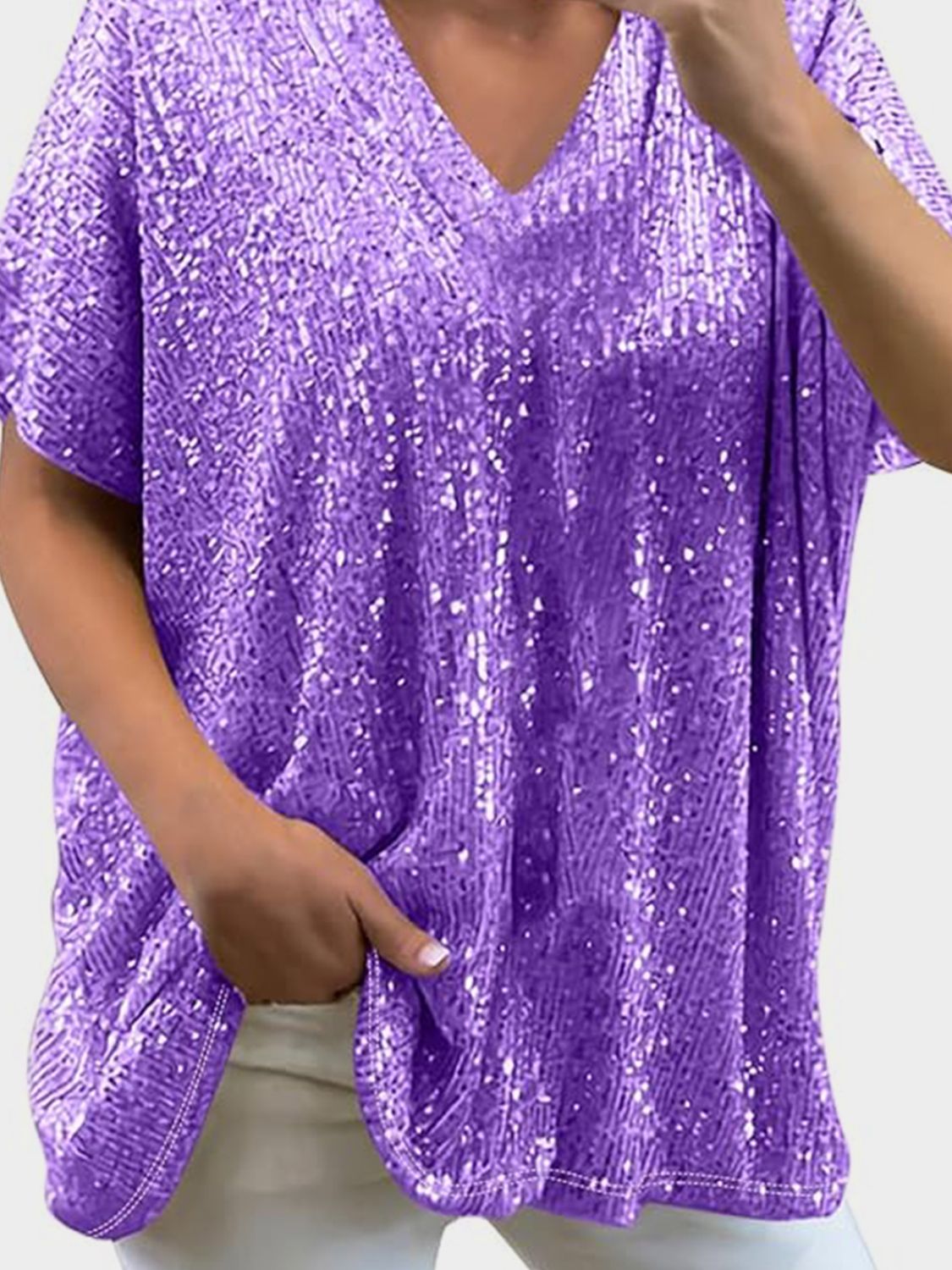 Full Size Sequin V-Neck Short Sleeve Top Trendsi