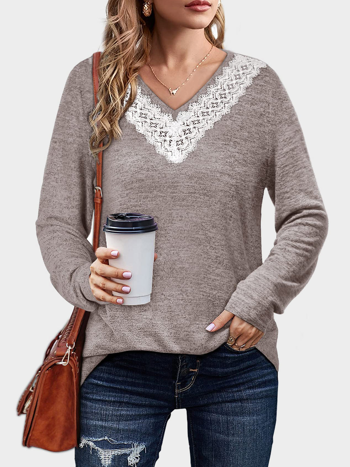 Lace Detail V-Neck Long Sleeve T-Shirt Trendsi
