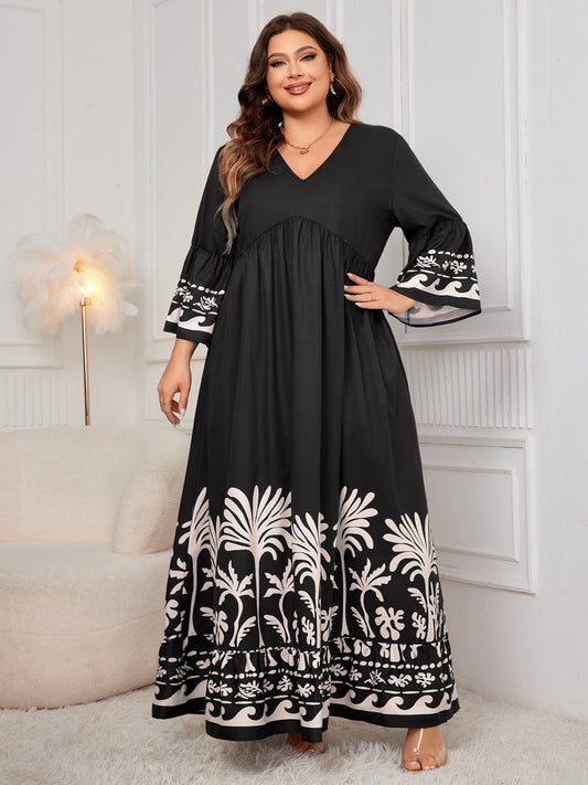 Honey Plus Size Printed V-Neck Long Sleeve Maxi Dress Trendsi