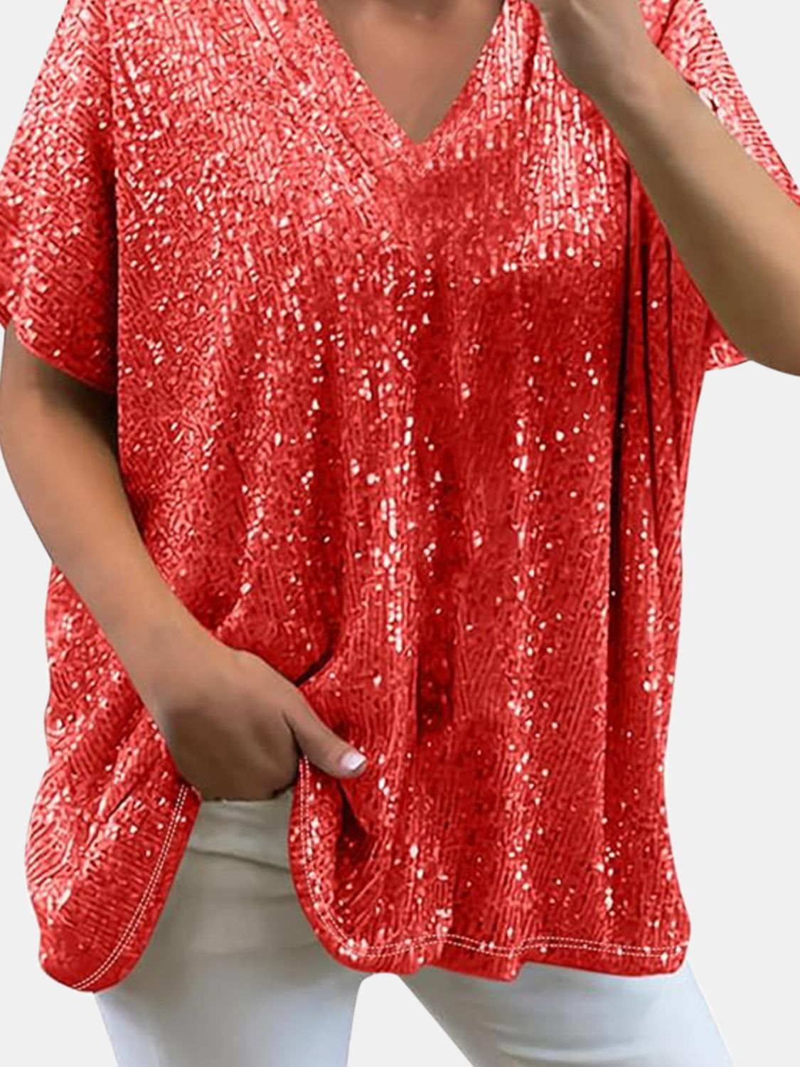 Full Size Sequin V-Neck Short Sleeve Top Trendsi