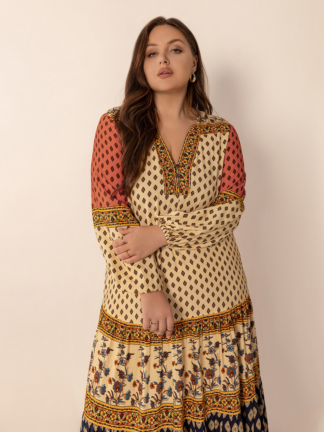 Plus Size Printed V-Neck Long Sleeve Maxi Dress Trendsi