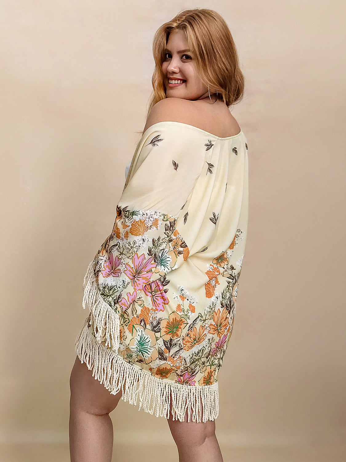 Plus Size Fringe Printed Open Front Cardigan Trendsi