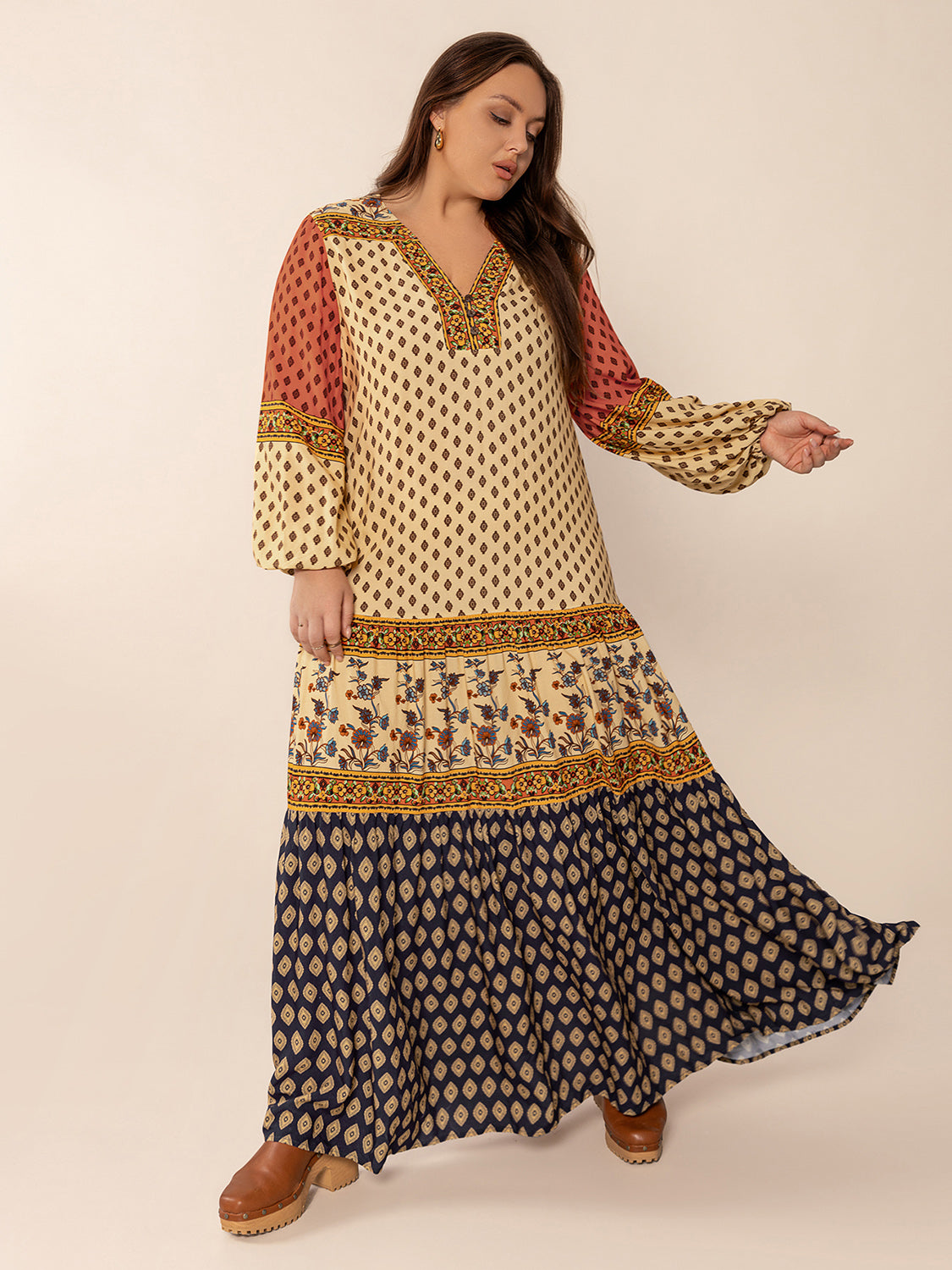 Plus Size Printed V-Neck Long Sleeve Maxi Dress Trendsi