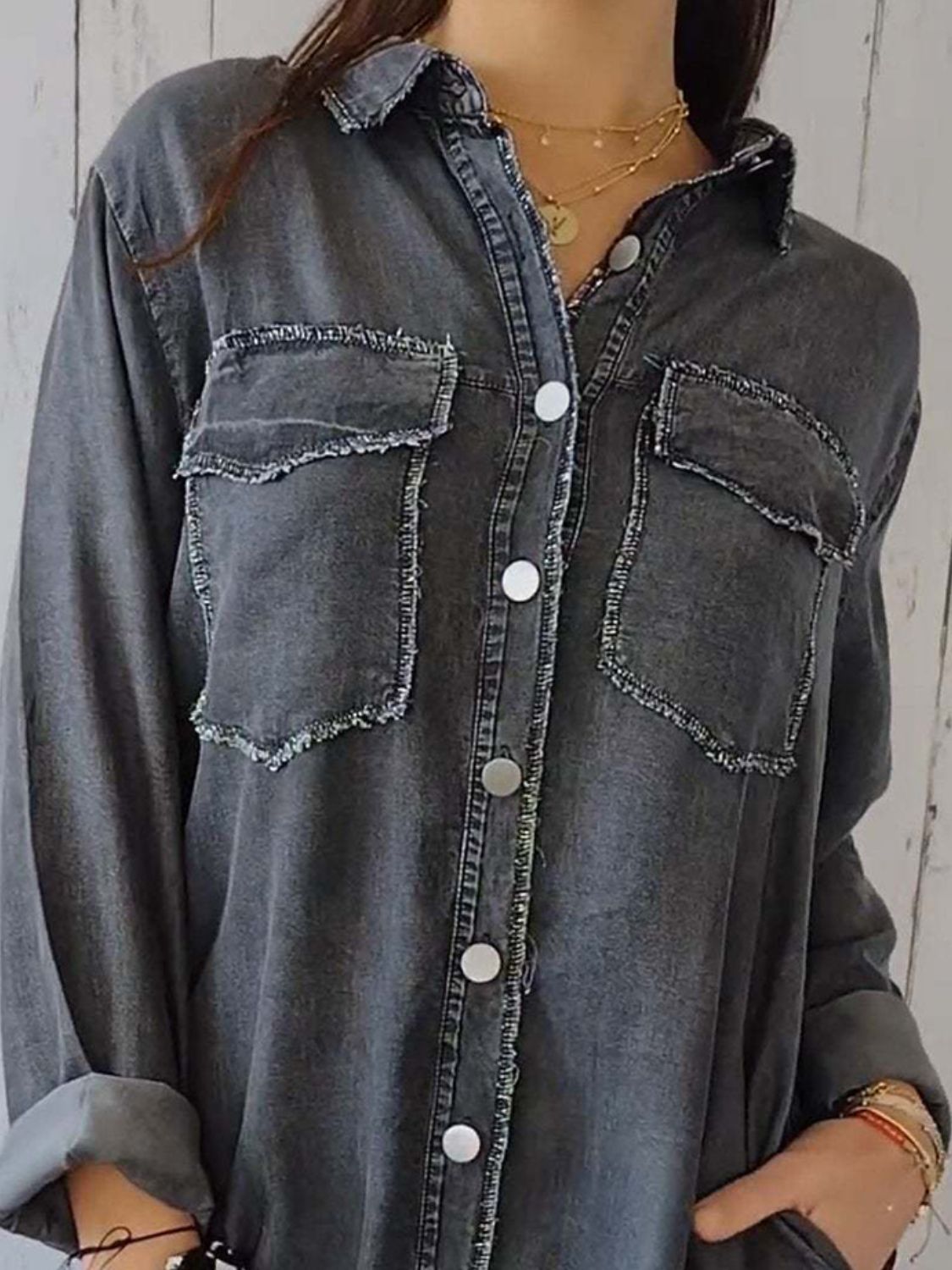 Full Size Raw Hem Button Up Long Sleeve Denim Top Plus Size Trendsi