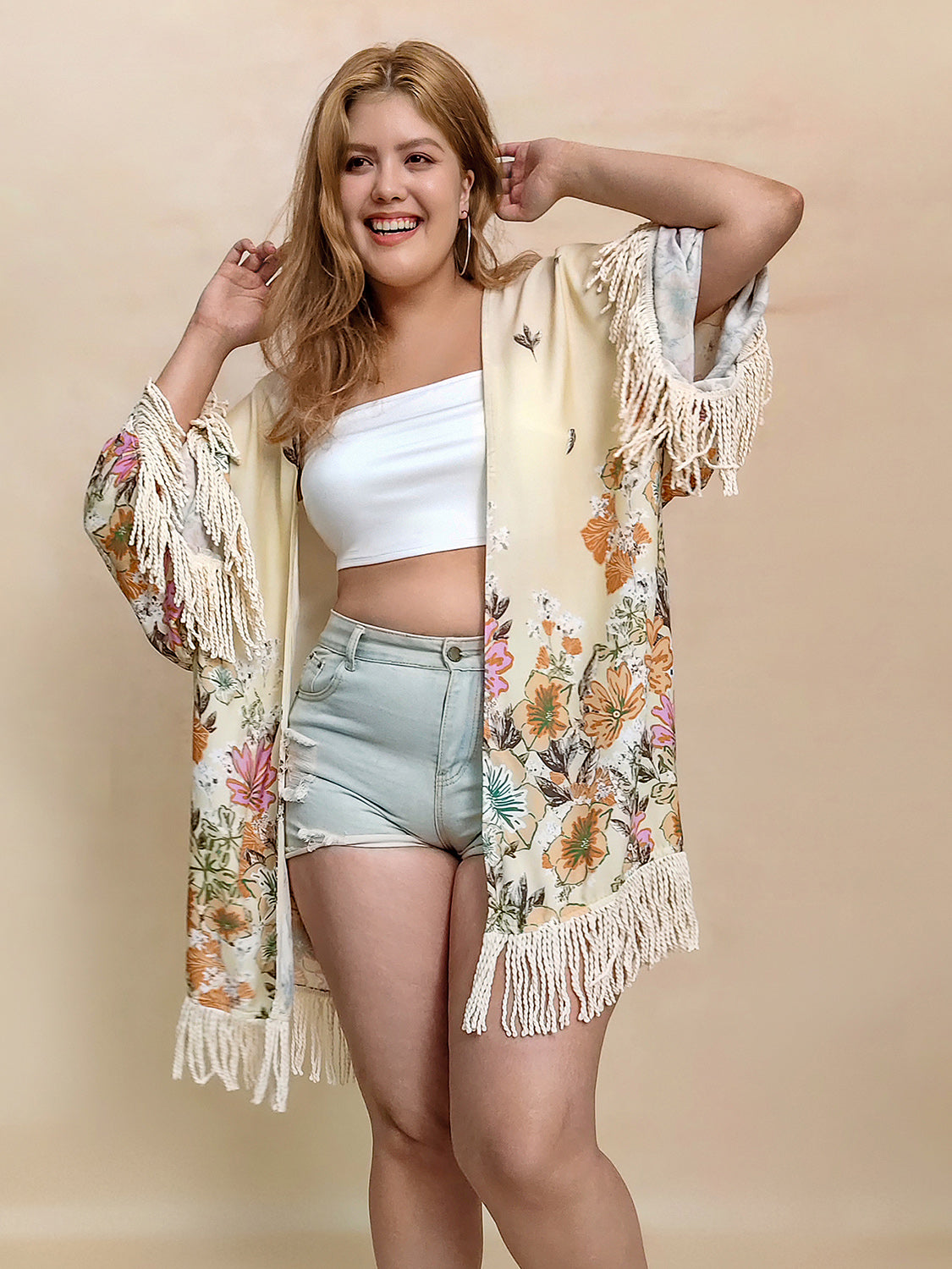 Plus Size Fringe Printed Open Front Cardigan Trendsi