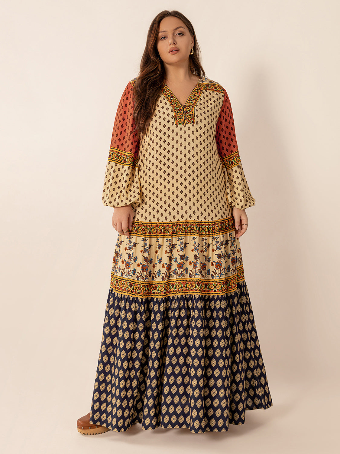 Plus Size Printed V-Neck Long Sleeve Maxi Dress Trendsi