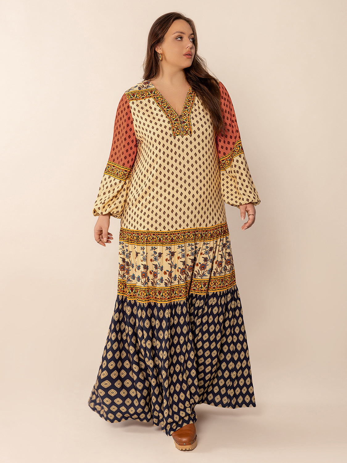Plus Size Printed V-Neck Long Sleeve Maxi Dress Trendsi