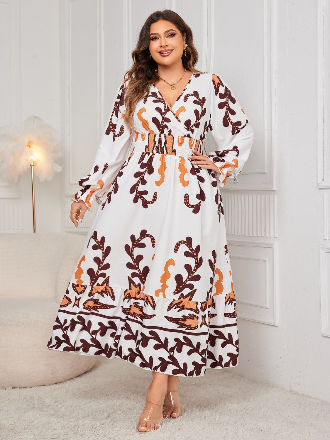 Honey Plus Size Printed Surplice Flounce Sleeve Dress Trendsi