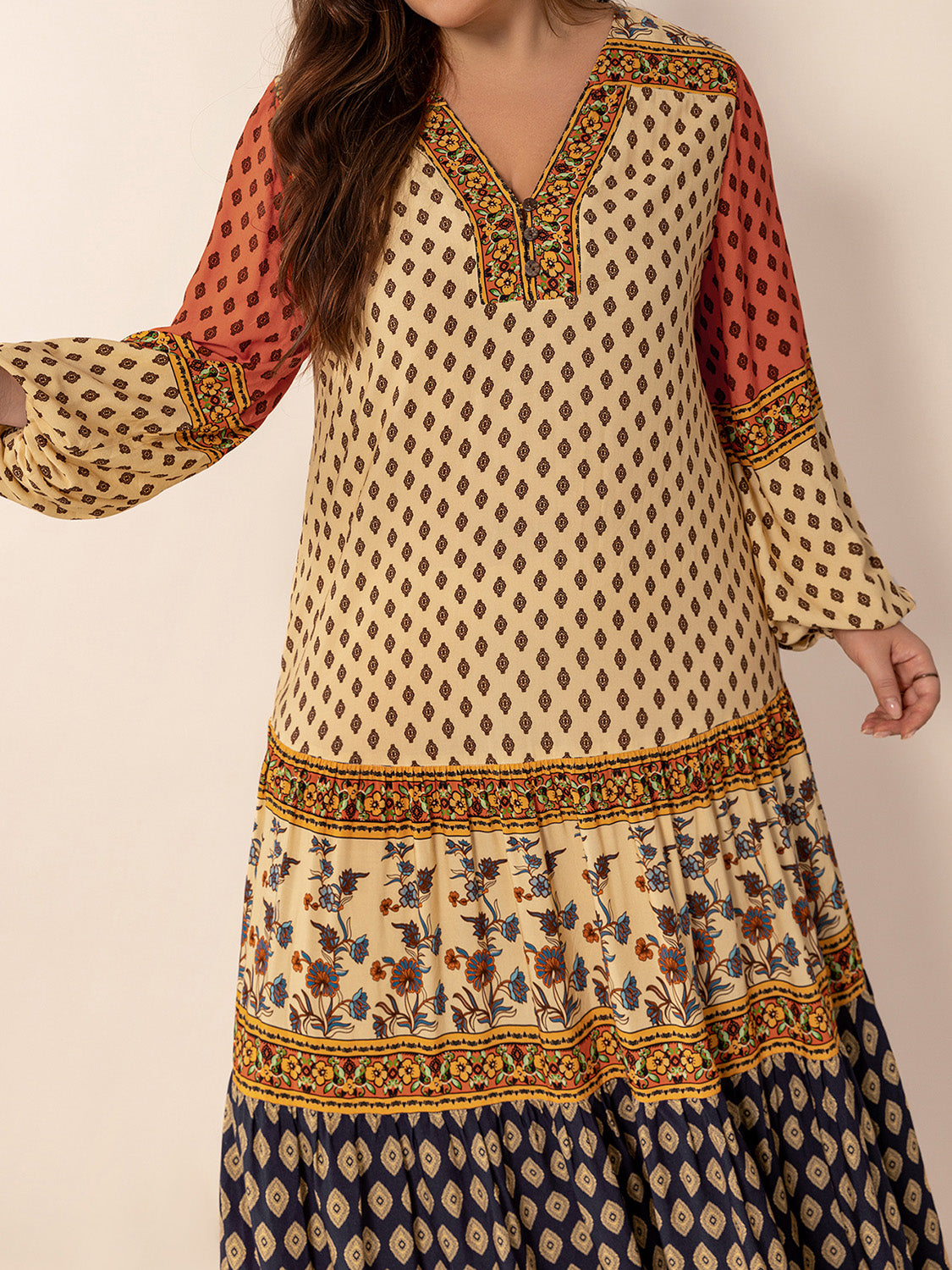 Plus Size Printed V-Neck Long Sleeve Maxi Dress Trendsi