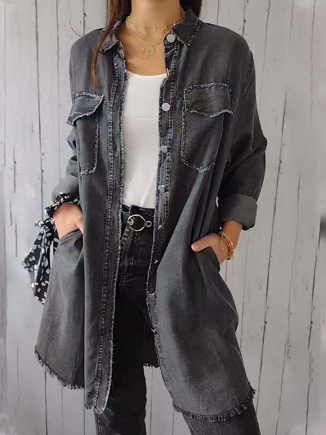 Full Size Raw Hem Button Up Long Sleeve Denim Top Plus Size Trendsi