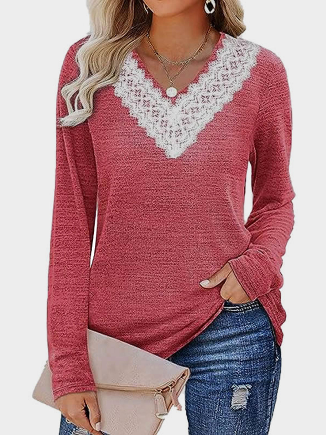 Lace Detail V-Neck Long Sleeve T-Shirt Trendsi