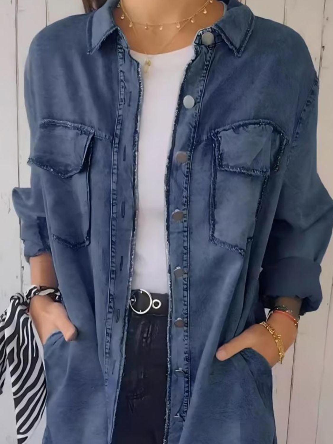 Full Size Raw Hem Button Up Long Sleeve Denim Top Plus Size Trendsi