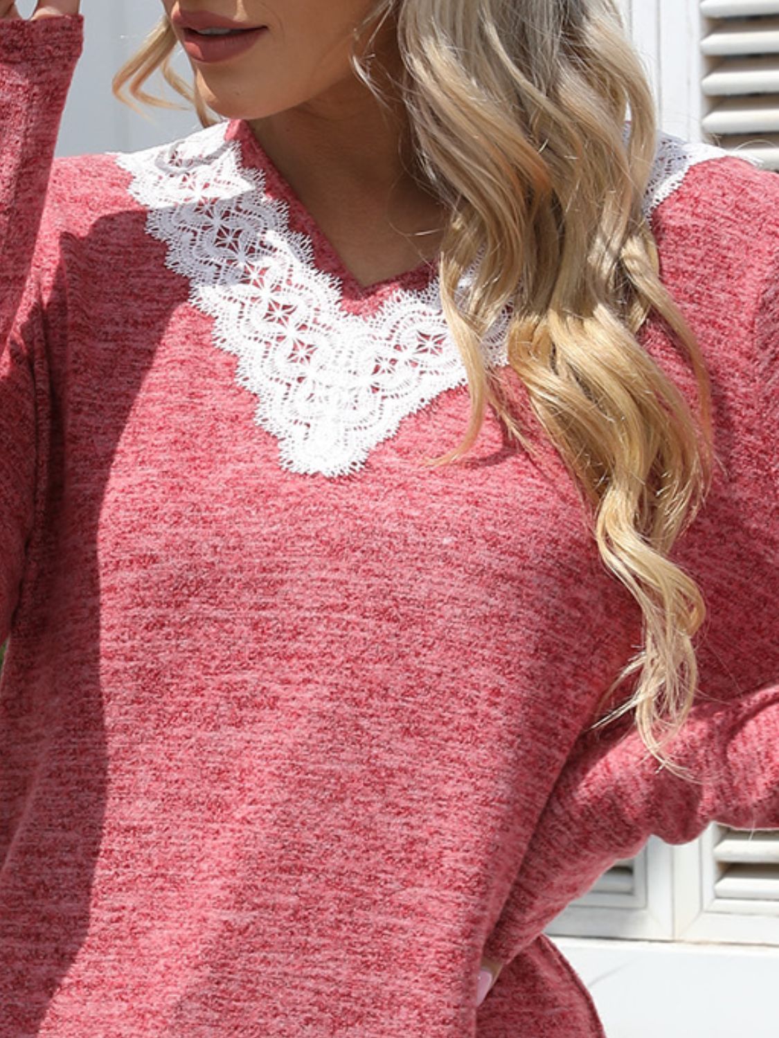 Lace Detail V-Neck Long Sleeve T-Shirt Trendsi