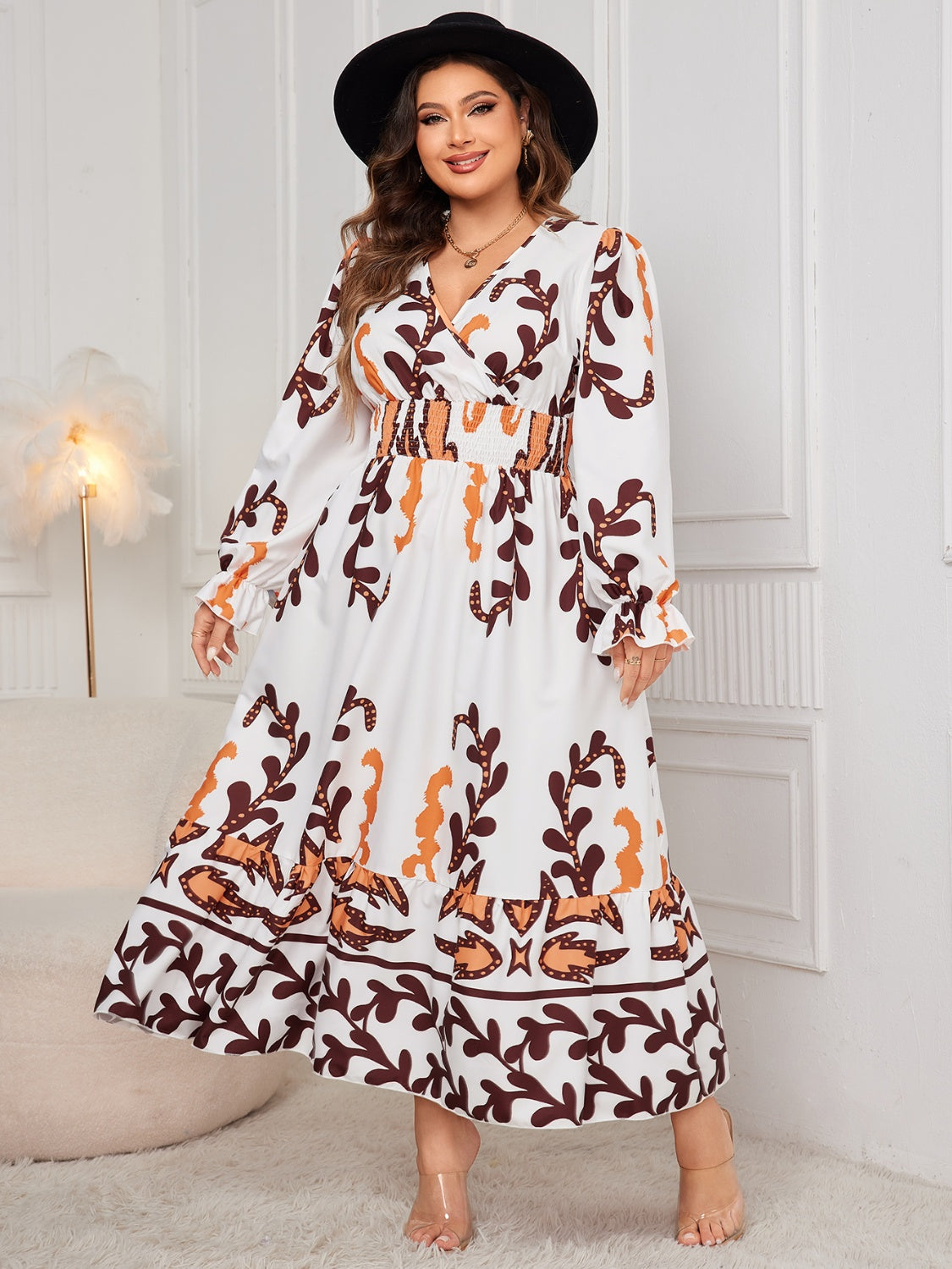 Honey Plus Size Printed Surplice Flounce Sleeve Dress Trendsi