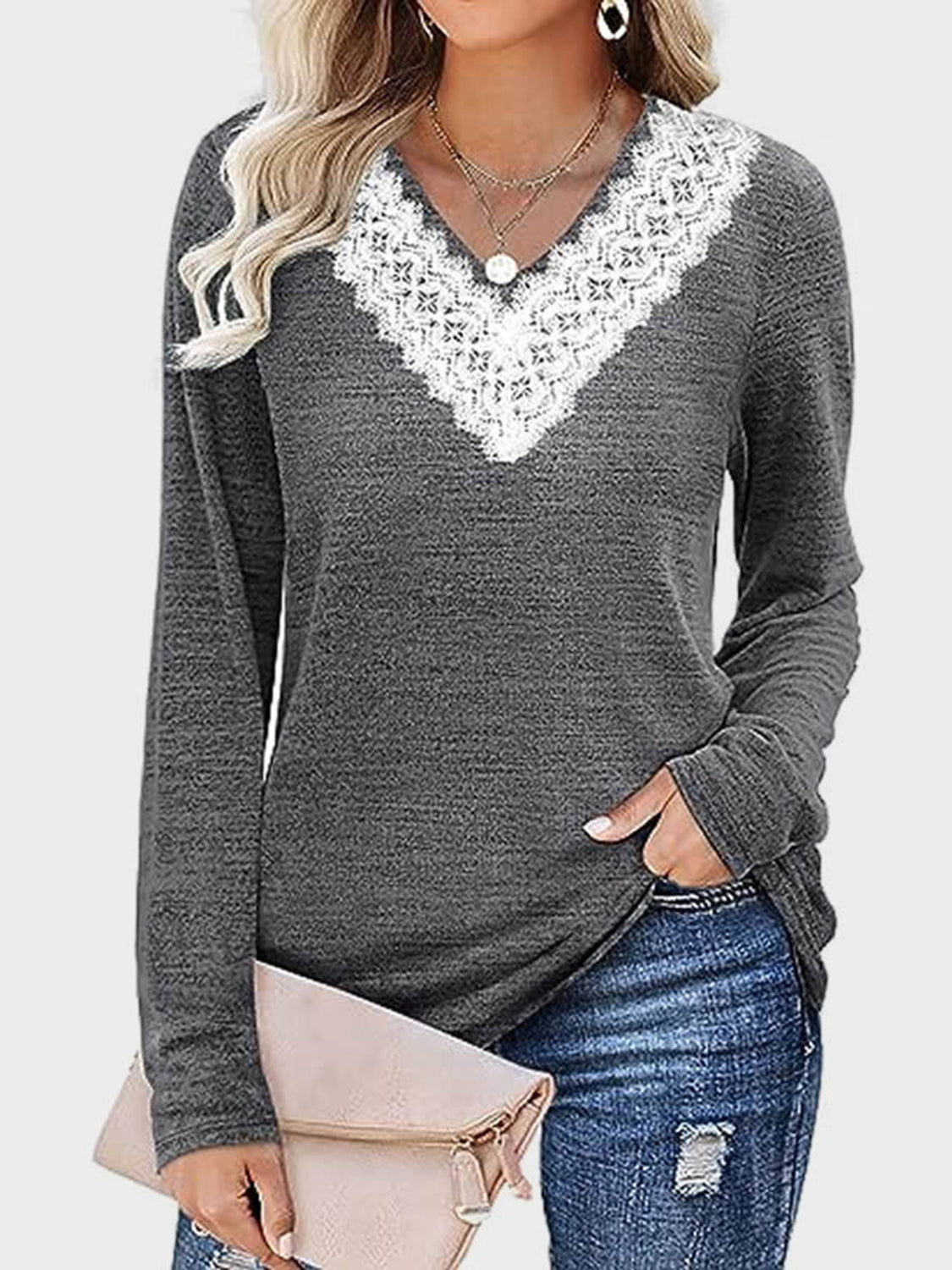 Lace Detail V-Neck Long Sleeve T-Shirt Trendsi