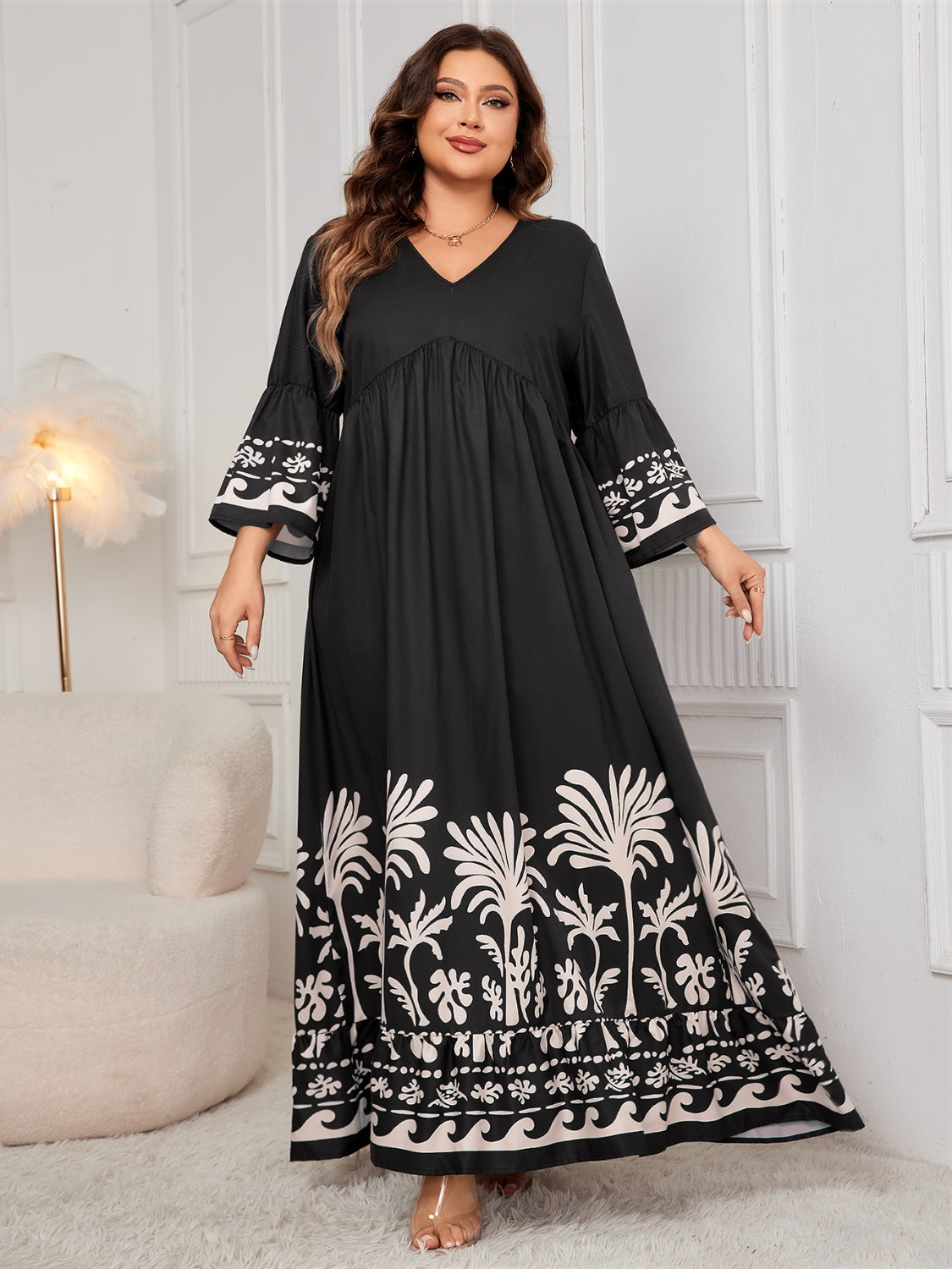 Honey Plus Size Printed V-Neck Long Sleeve Maxi Dress Trendsi