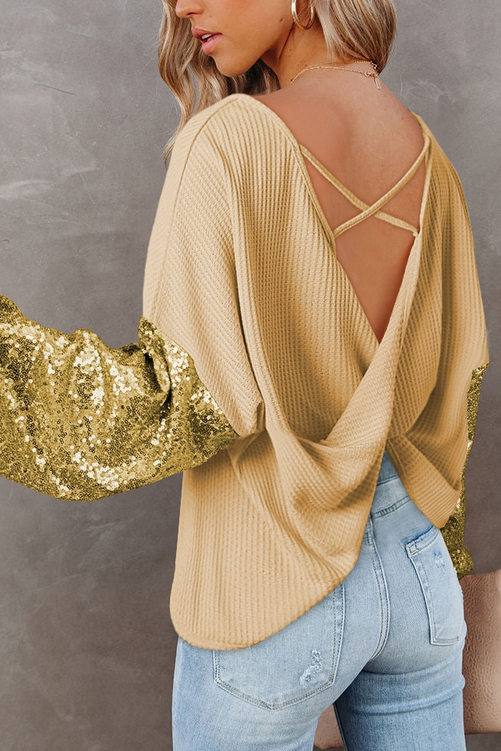 Sequin Waffle-Knit Blouse Trendsi