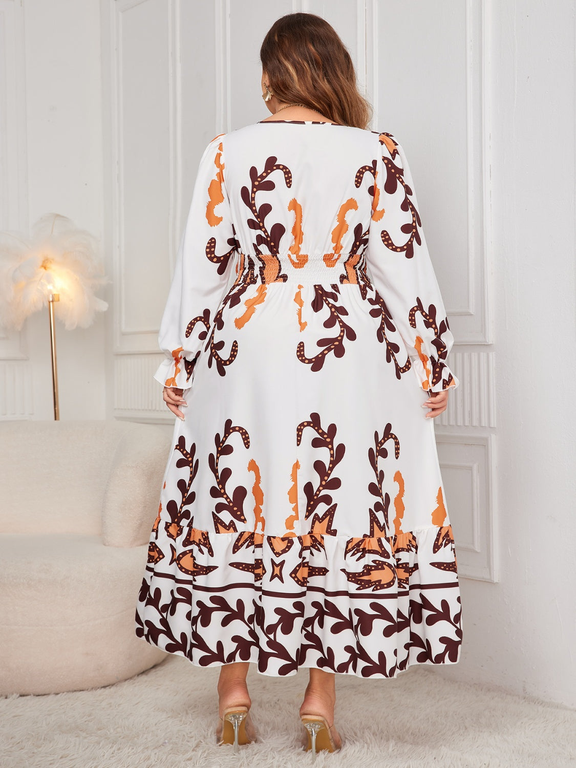 Honey Plus Size Printed Surplice Flounce Sleeve Dress Trendsi
