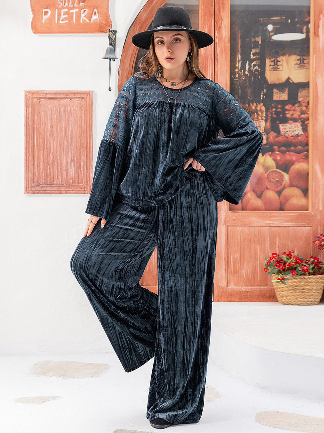 Plus Size Round Neck Flare Sleeve Top and Pants Set Trendsi