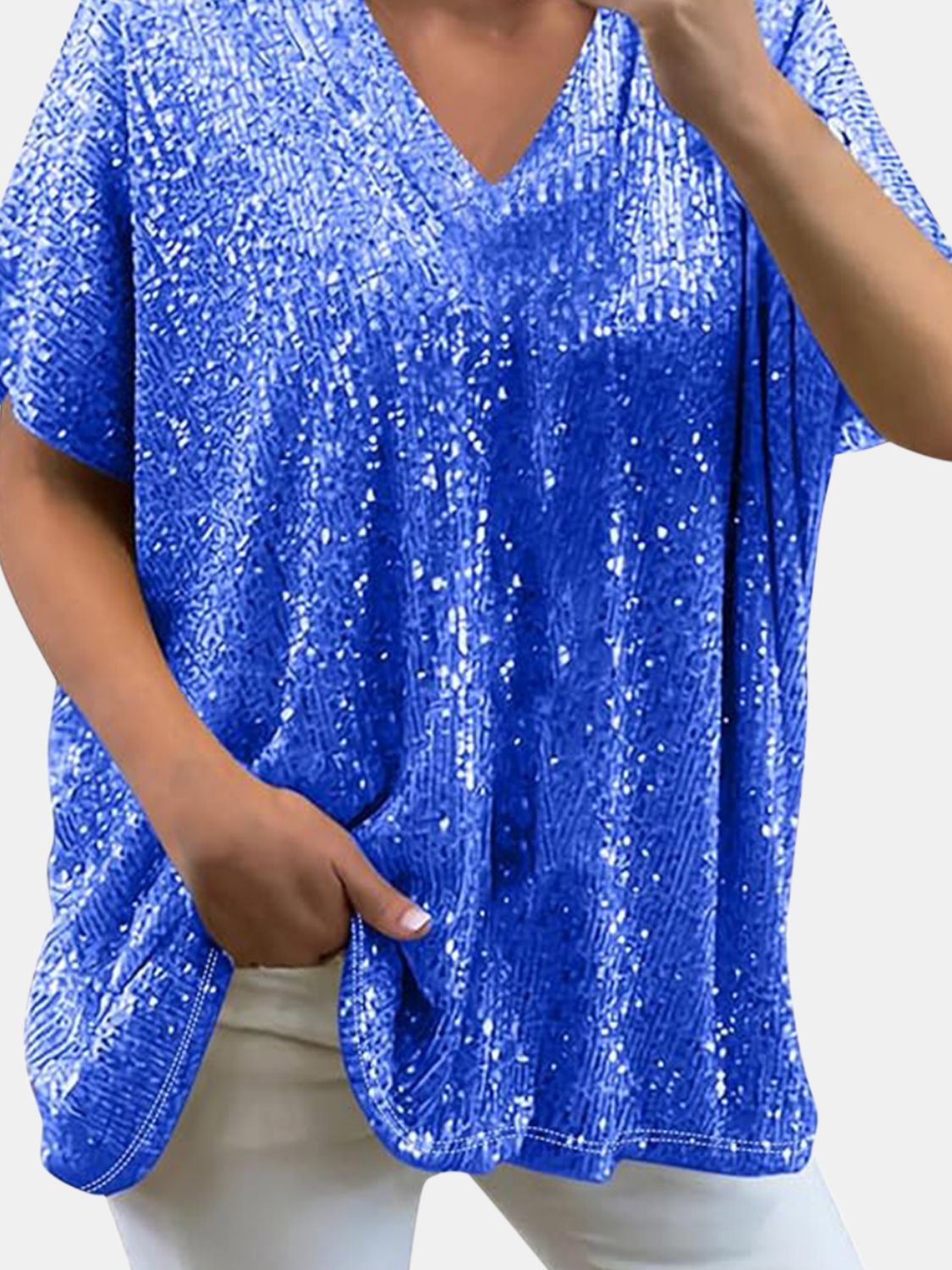 Full Size Sequin V-Neck Short Sleeve Top Trendsi