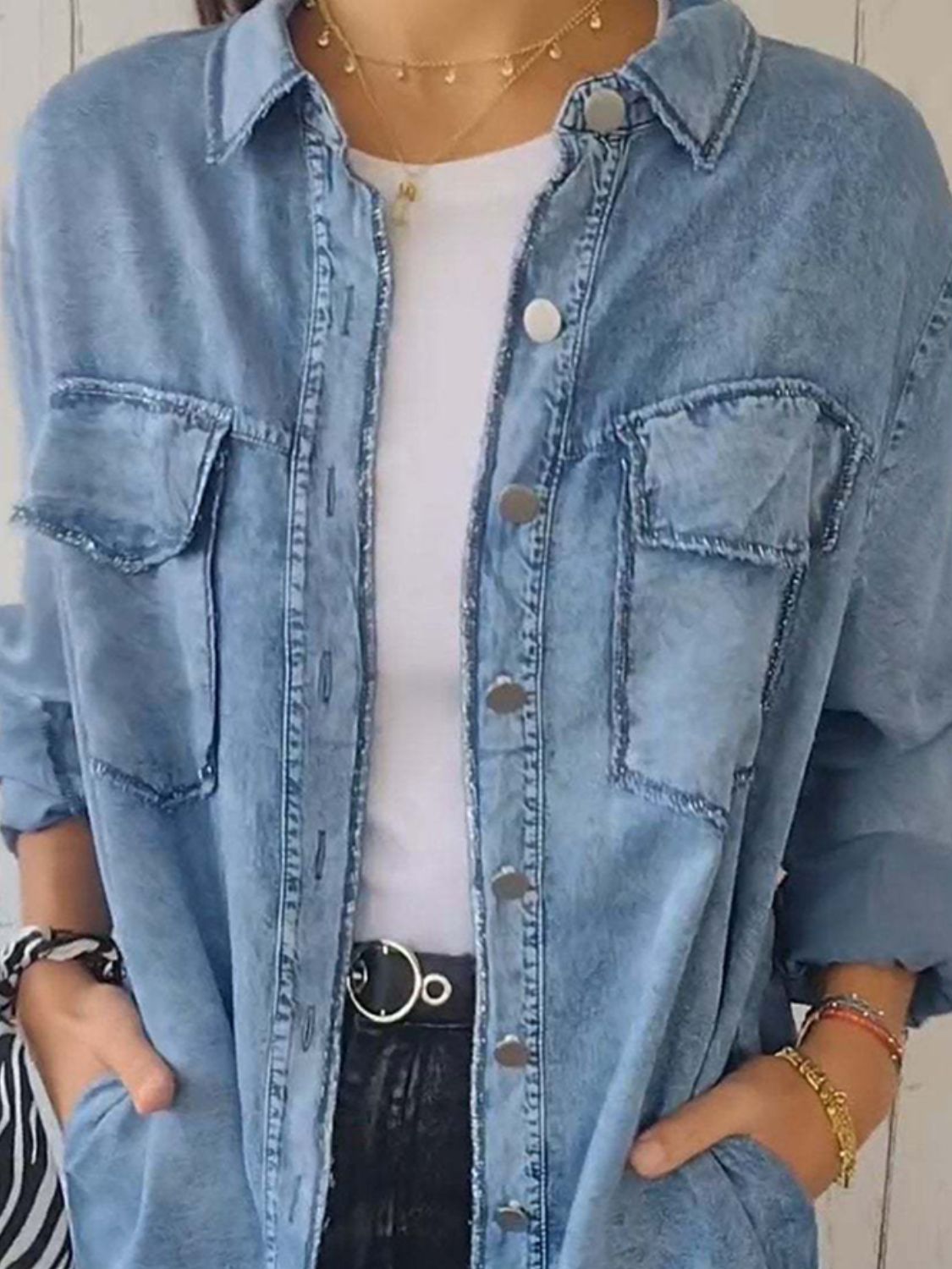 Full Size Raw Hem Button Up Long Sleeve Denim Top Plus Size Trendsi