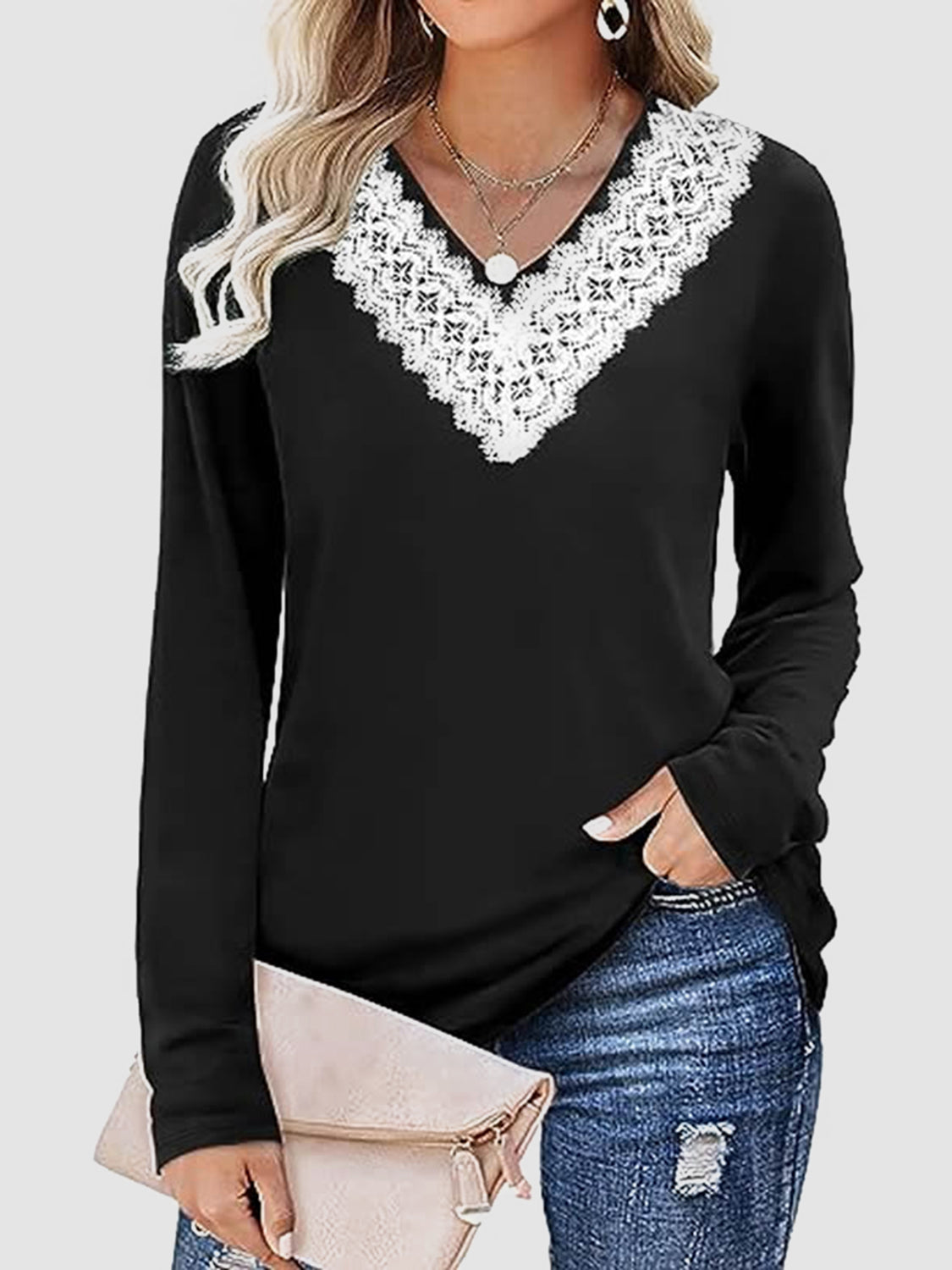 Lace Detail V-Neck Long Sleeve T-Shirt Trendsi