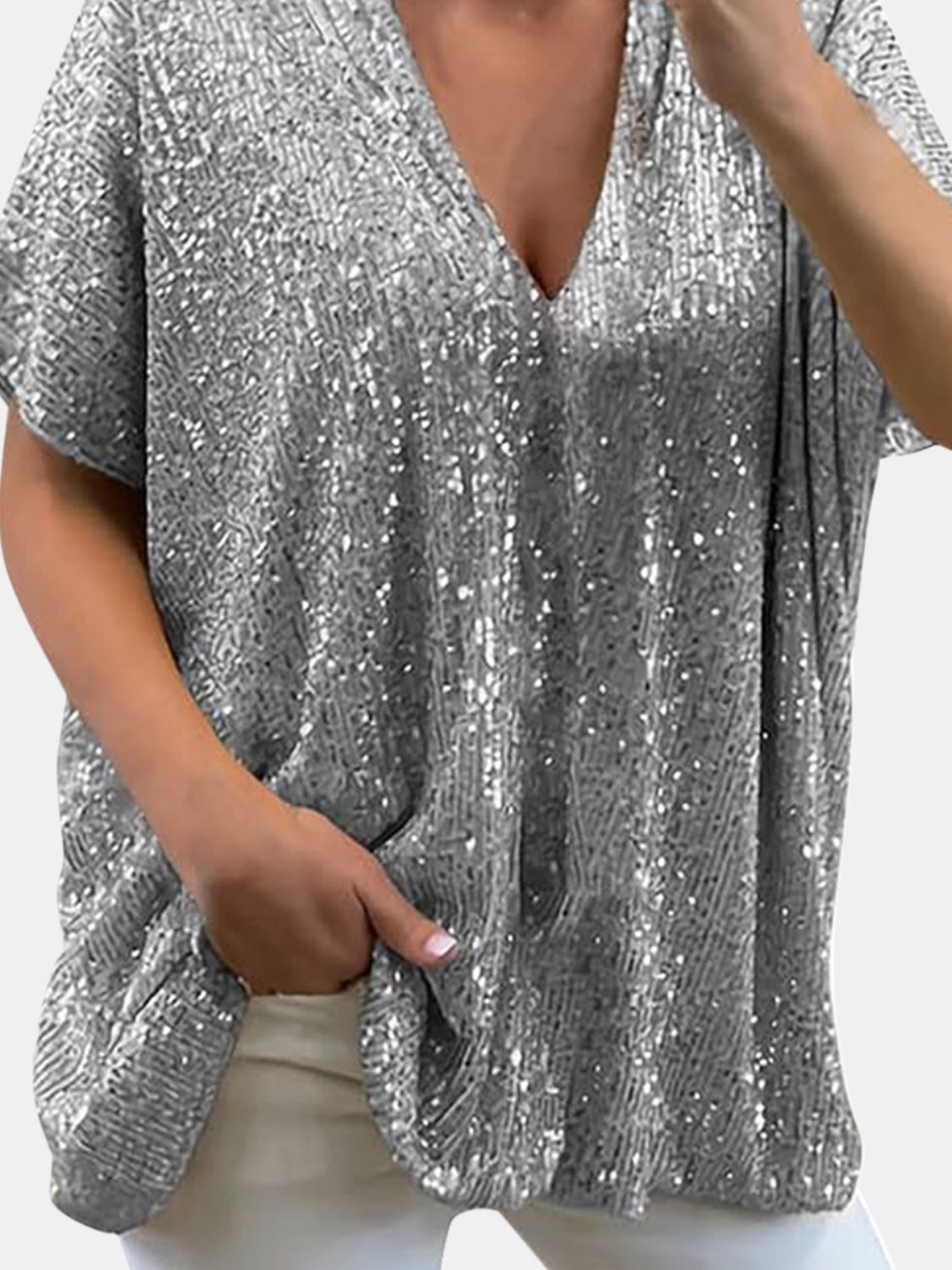 Full Size Sequin V-Neck Short Sleeve Top Trendsi