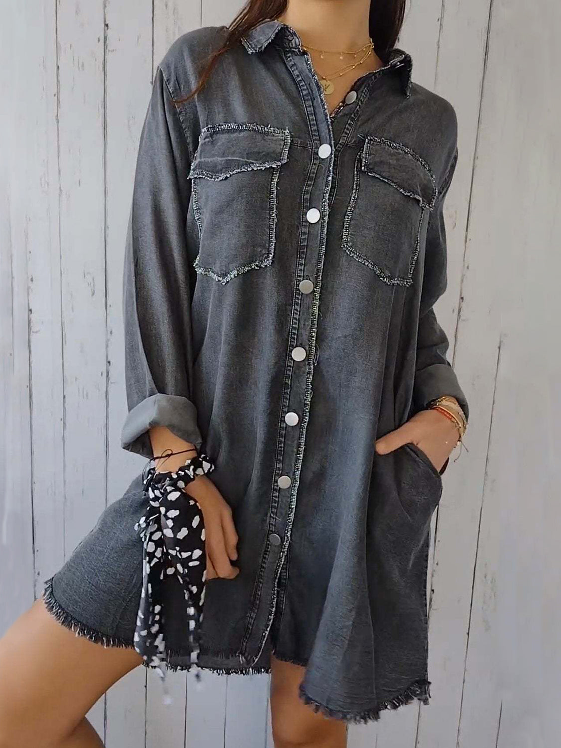Full Size Raw Hem Button Up Long Sleeve Denim Top Plus Size Trendsi